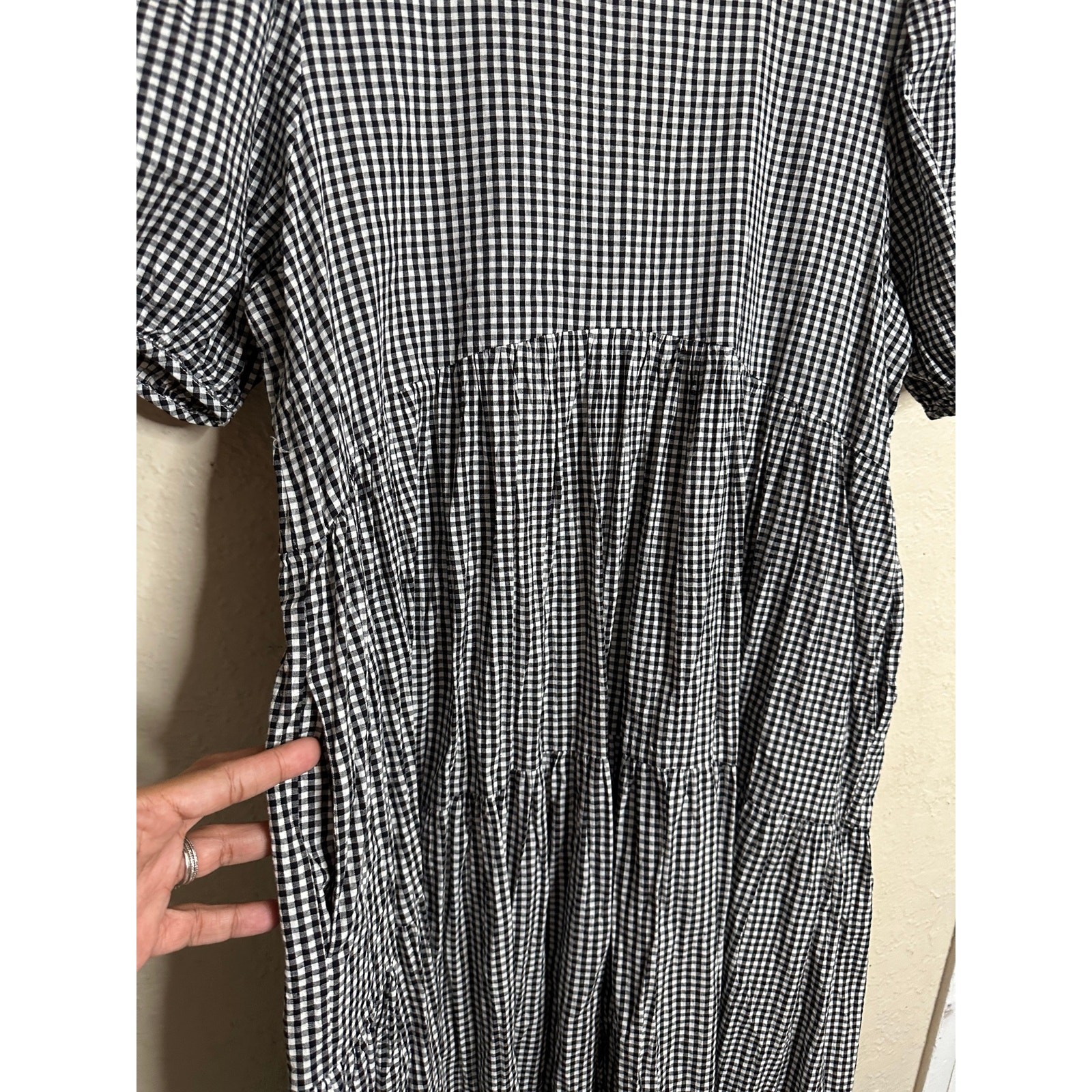 Eri + Ali Evaline Maxi Dress size S Black White Gingham Tiered Puff Sleeve