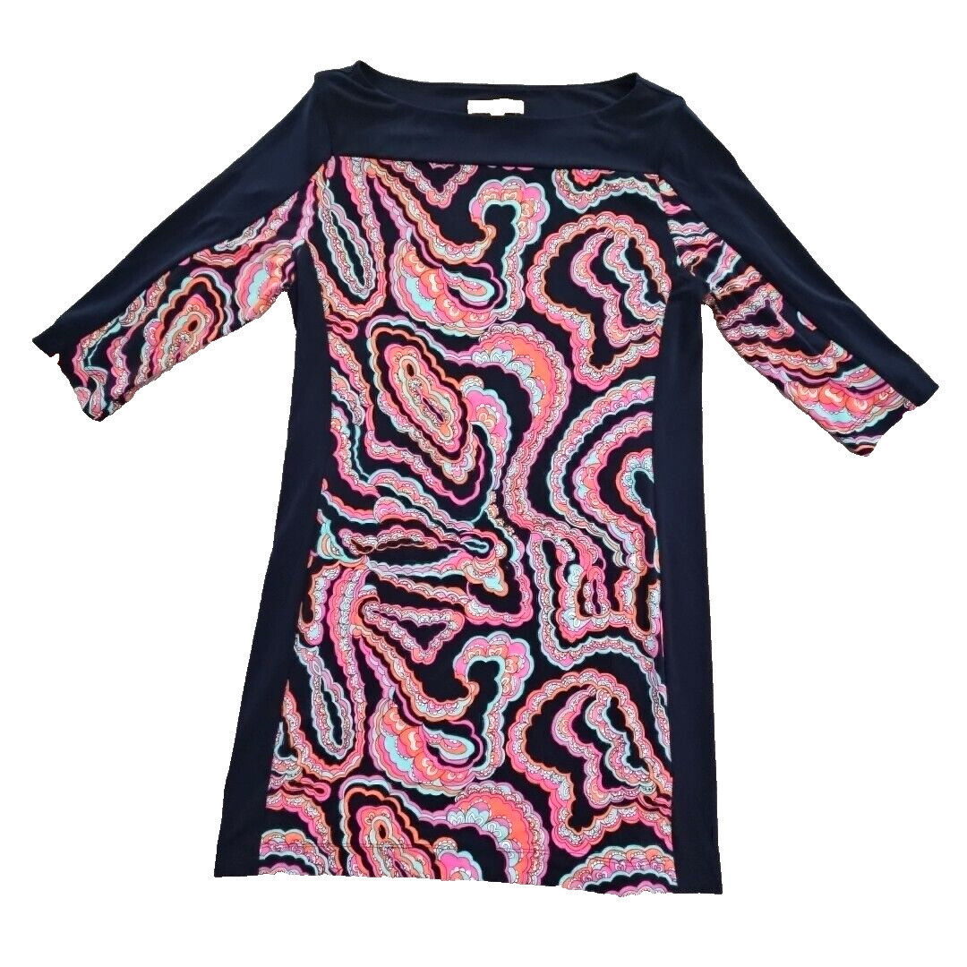 Banana Republic Navy Blue Paisley Sheath Dress Size Medium Stretch Boatneck Knee
