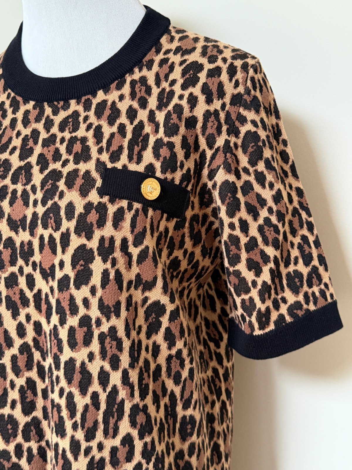 NWT Versace Medusa Logo Button Leopard Intarsia Print Knit Dress 46 US 10 $2950