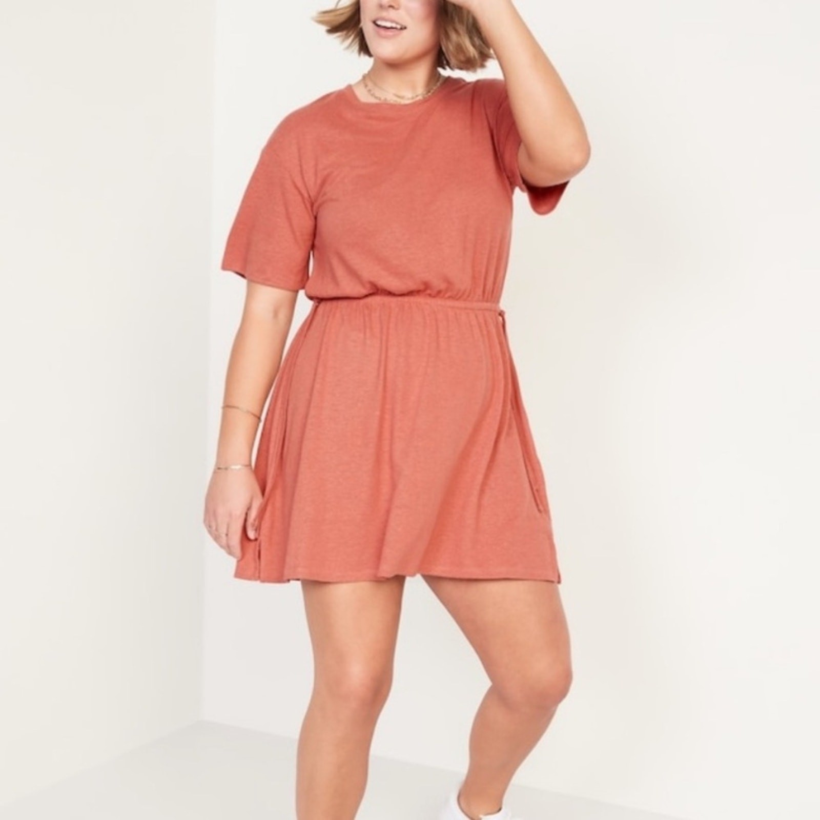 NWT Old Navy Waist-Defined Linen-Blend Mini Dress in Red Basil Size XL