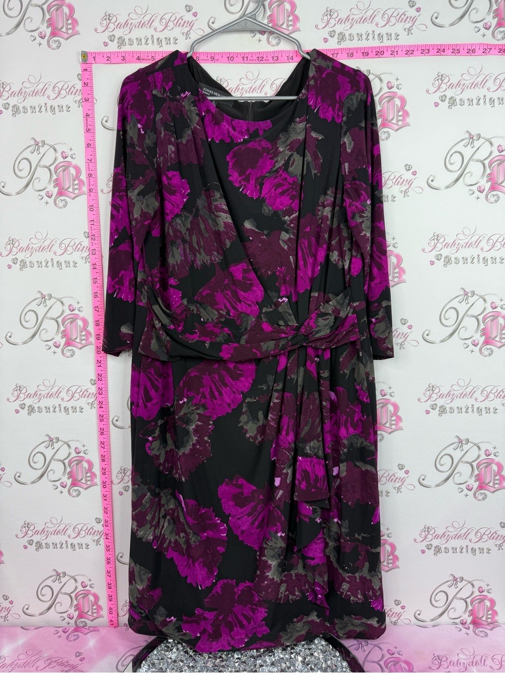 Jones New York Black Dress with Magenta and Gray Floral Print purple