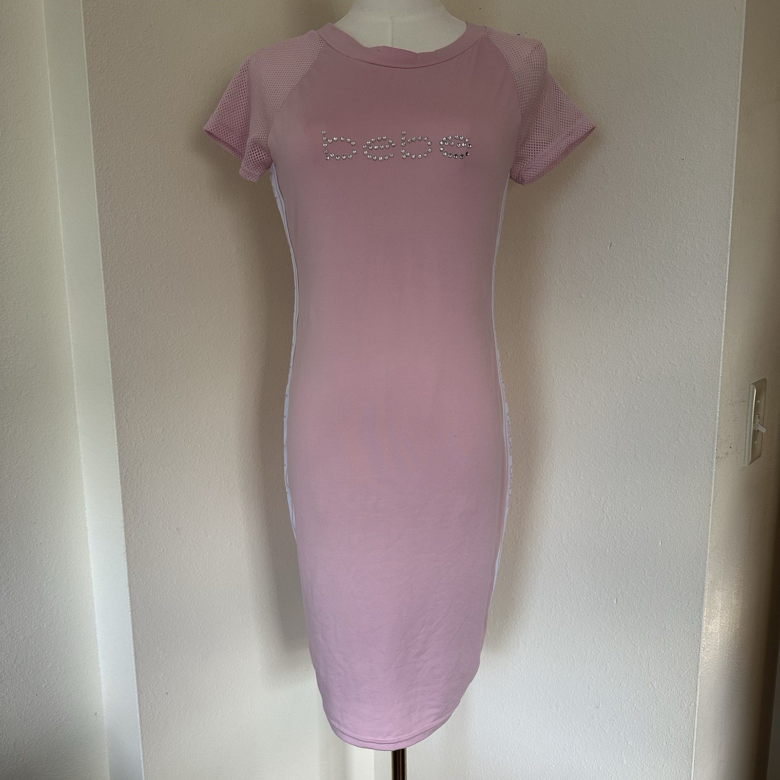 Bebe Pink Rhinestone Logo Bodycon Dress Womens M Mesh Sleeves Side Tape Y2K