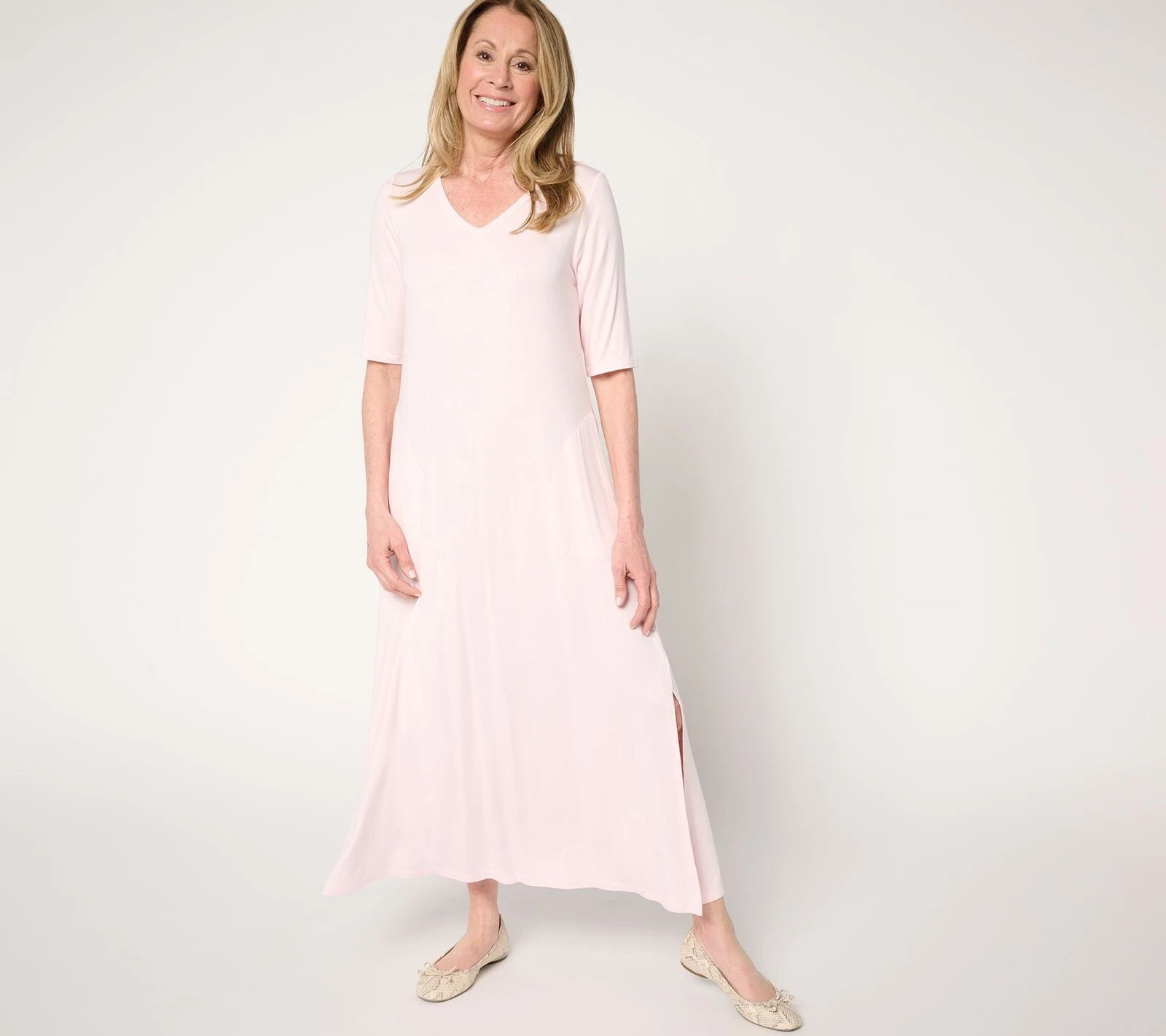 Belle by Kim Gravel Petite Rayon Spandex Elbow Sleeve Maxi Dress Pink L A683742