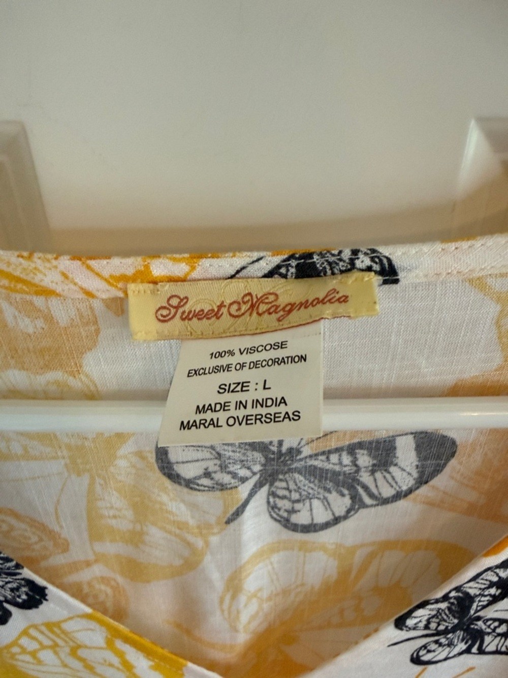 Sweet Magnolia Yellow & White Butterfly Print Tiered Midi Boho Dress Large