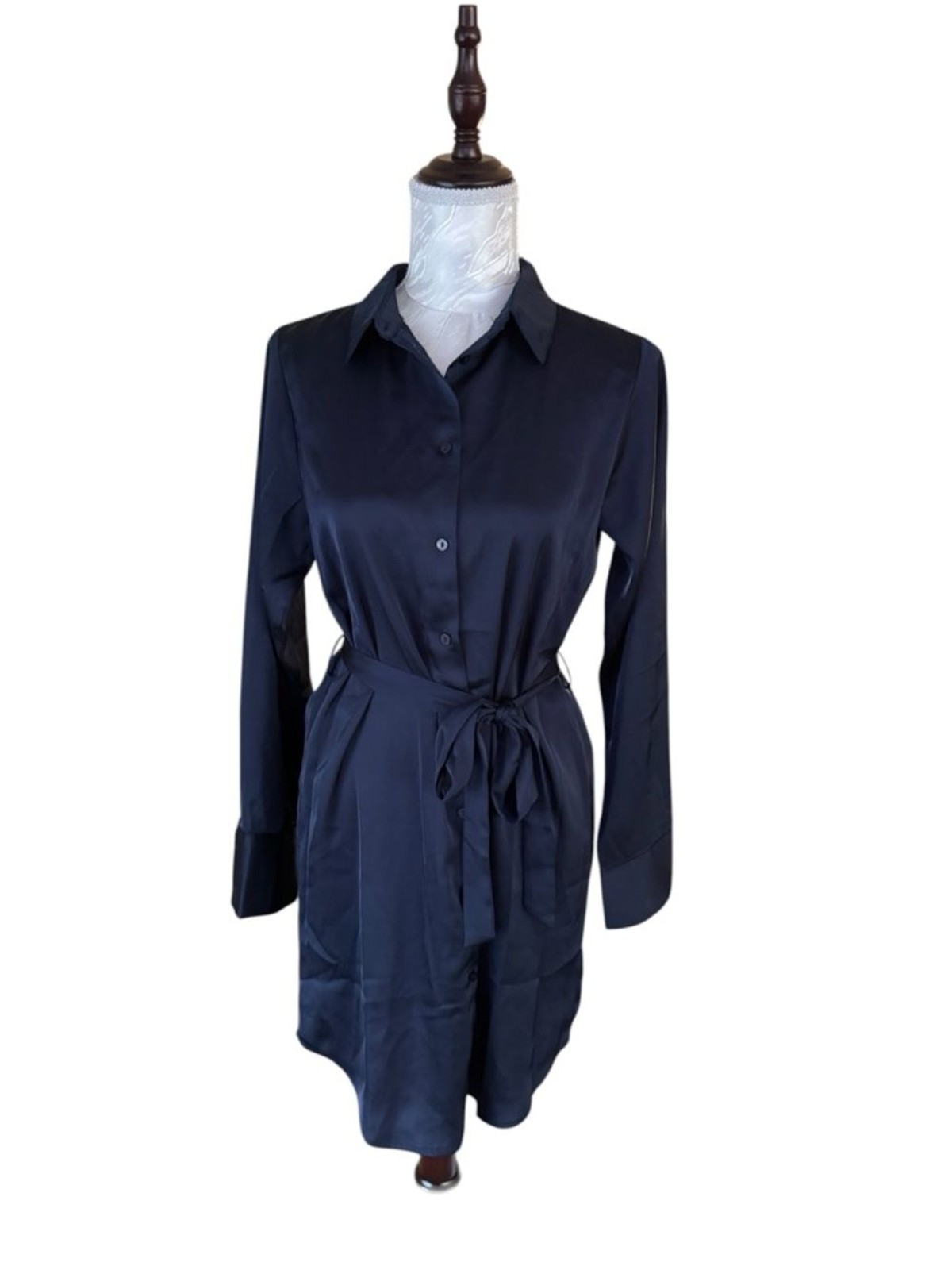 Aqua Satin Shirt Dress with Self-Tie Belt – Navy