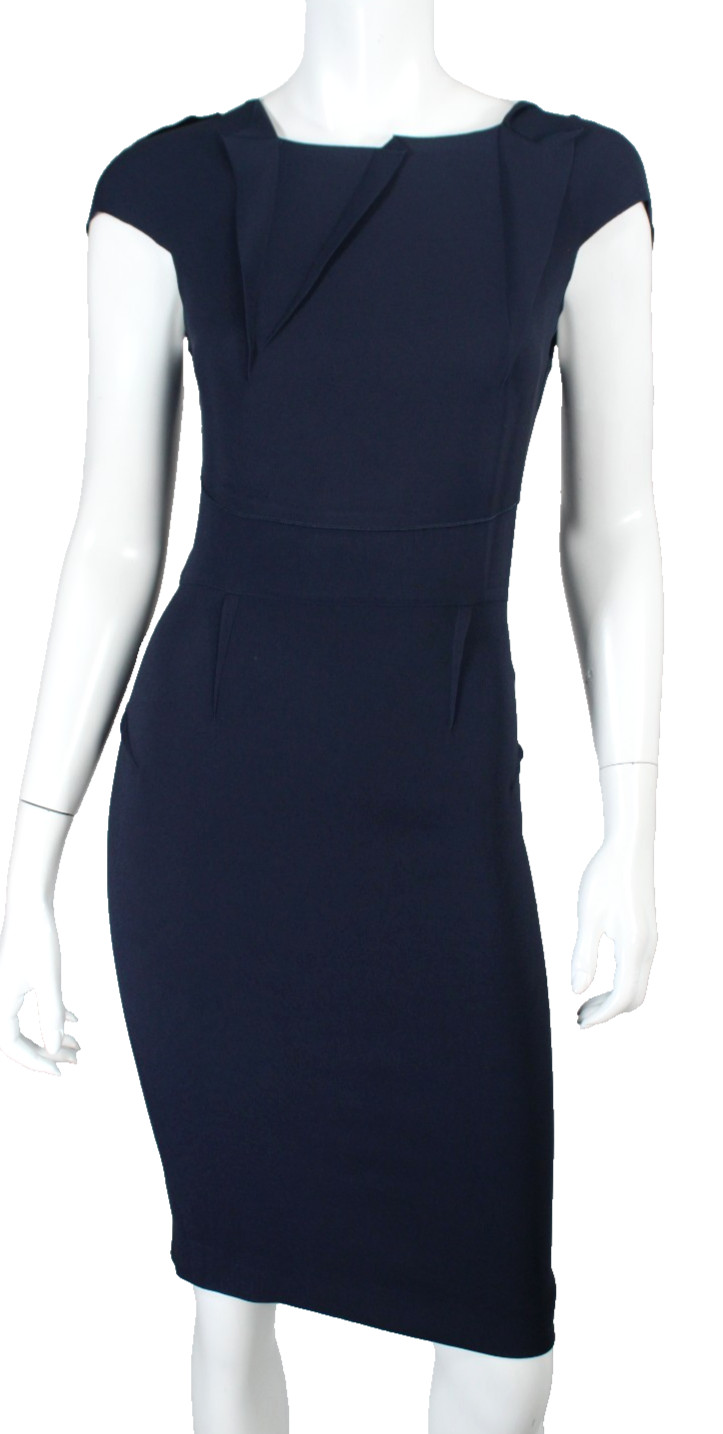 ROLAND MOURET Navy Blue Jersey Dart Detailed Sheath Dress 6 10UK
