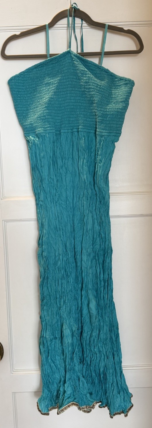 Maeve Blue Halter Smocked Maxi Dress L Sleeveless Beaded Layered Cotton Silk