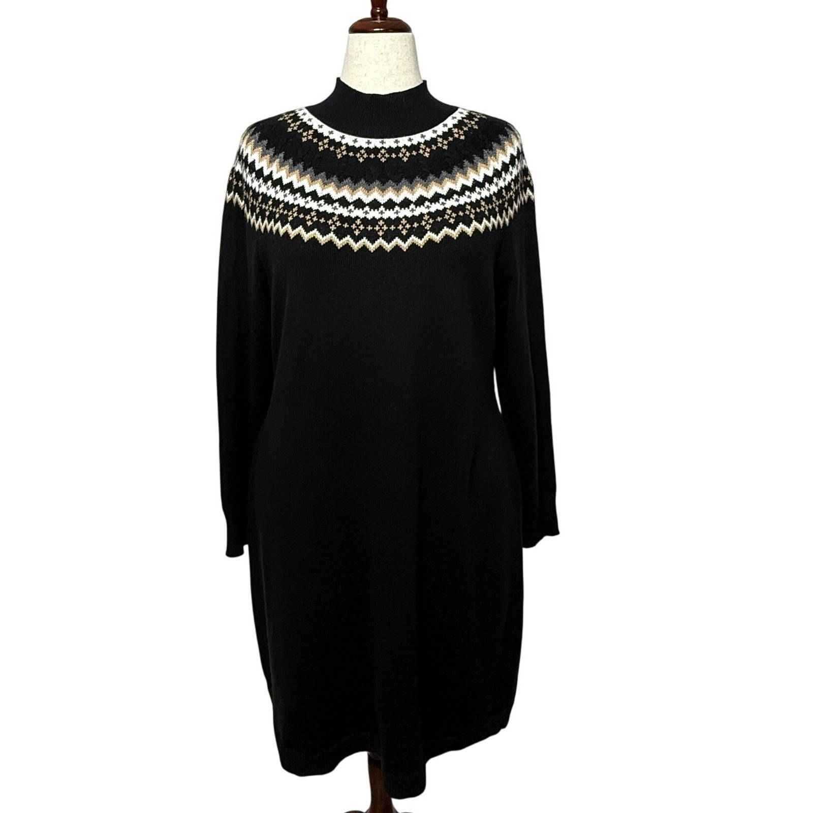 Talbots Sweater Dress Women XL Black Nordic Fair Isle Mock Neck Modest