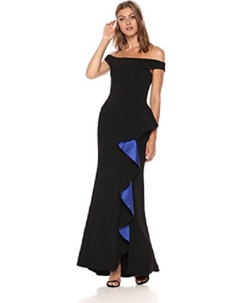 CARMEN MARC VALVO Black Cobalt Blue Off Shoulder Ruffle Crepe Mermaid Gown 10 US