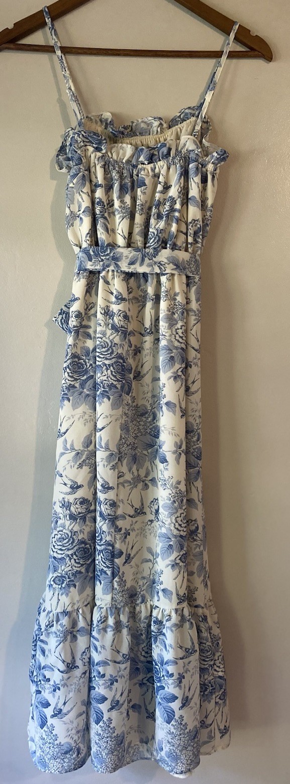 Pink Ripple Dress White Blue Pattern, Romantic, Whimsical, Cottagecore, Size L