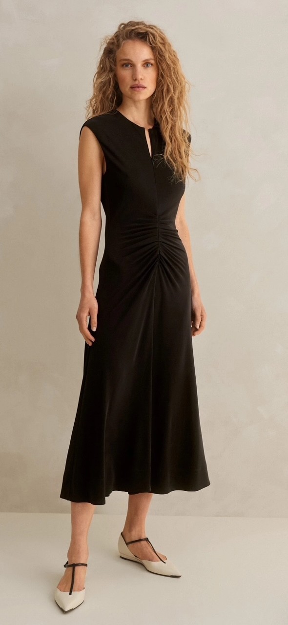 ME+EM Black Fluid Crepe Jersey Ruched Zip Front & Back Midi Dress 10 US = 14UK