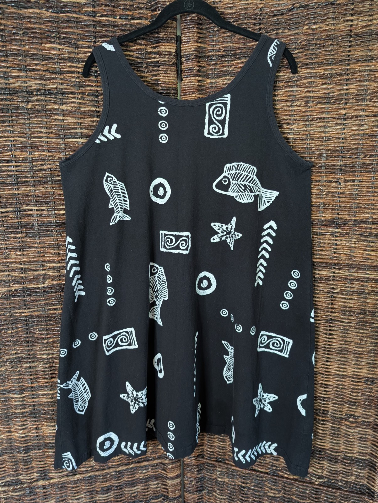 Artsy Fish Print Shift Dress Wearable Art Boho Women’s XL Black Lagenlook Beach