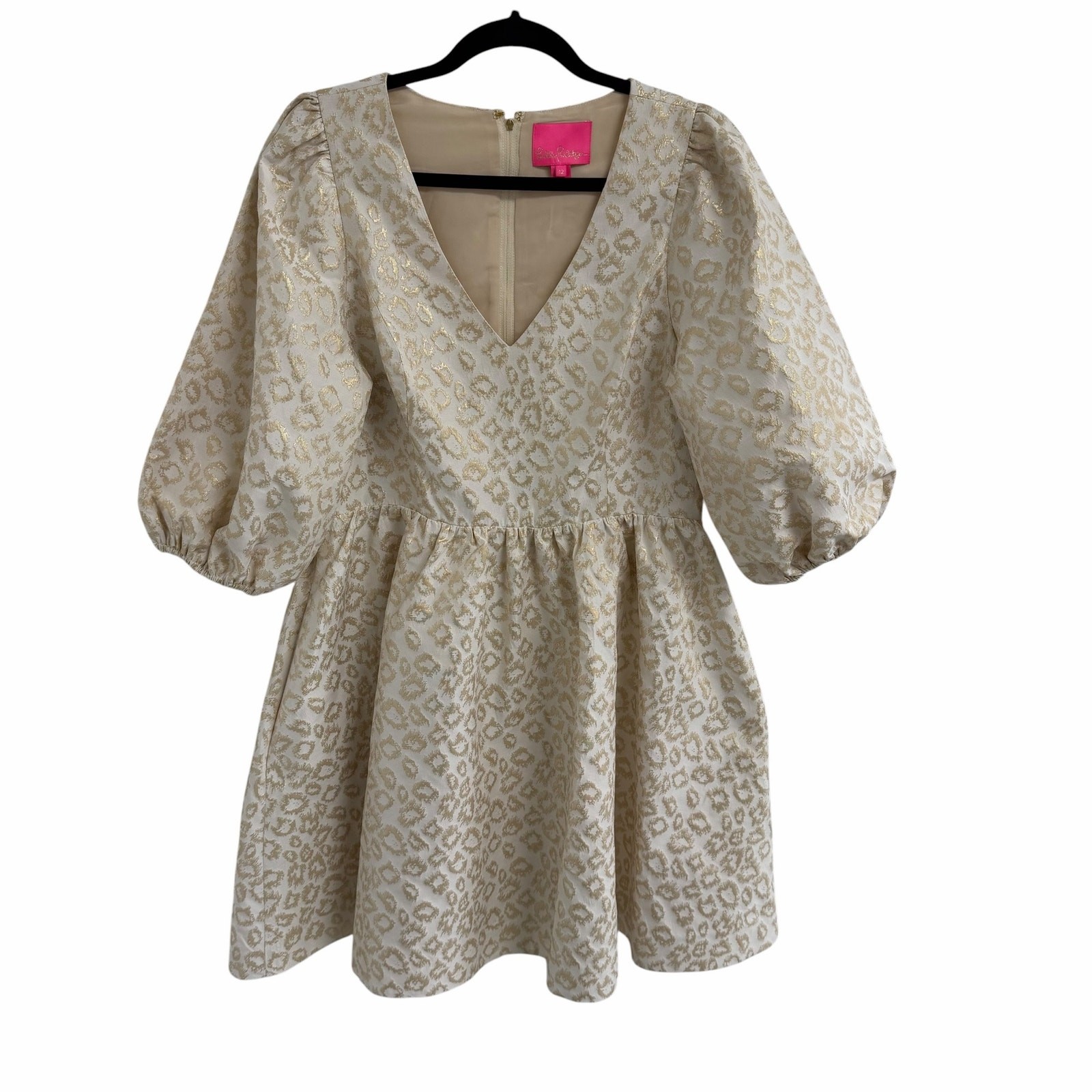 Lilly Pulitzer Calyssa Dress Ivory Gold Dazzle Leopard Jacquard Print Womens 12