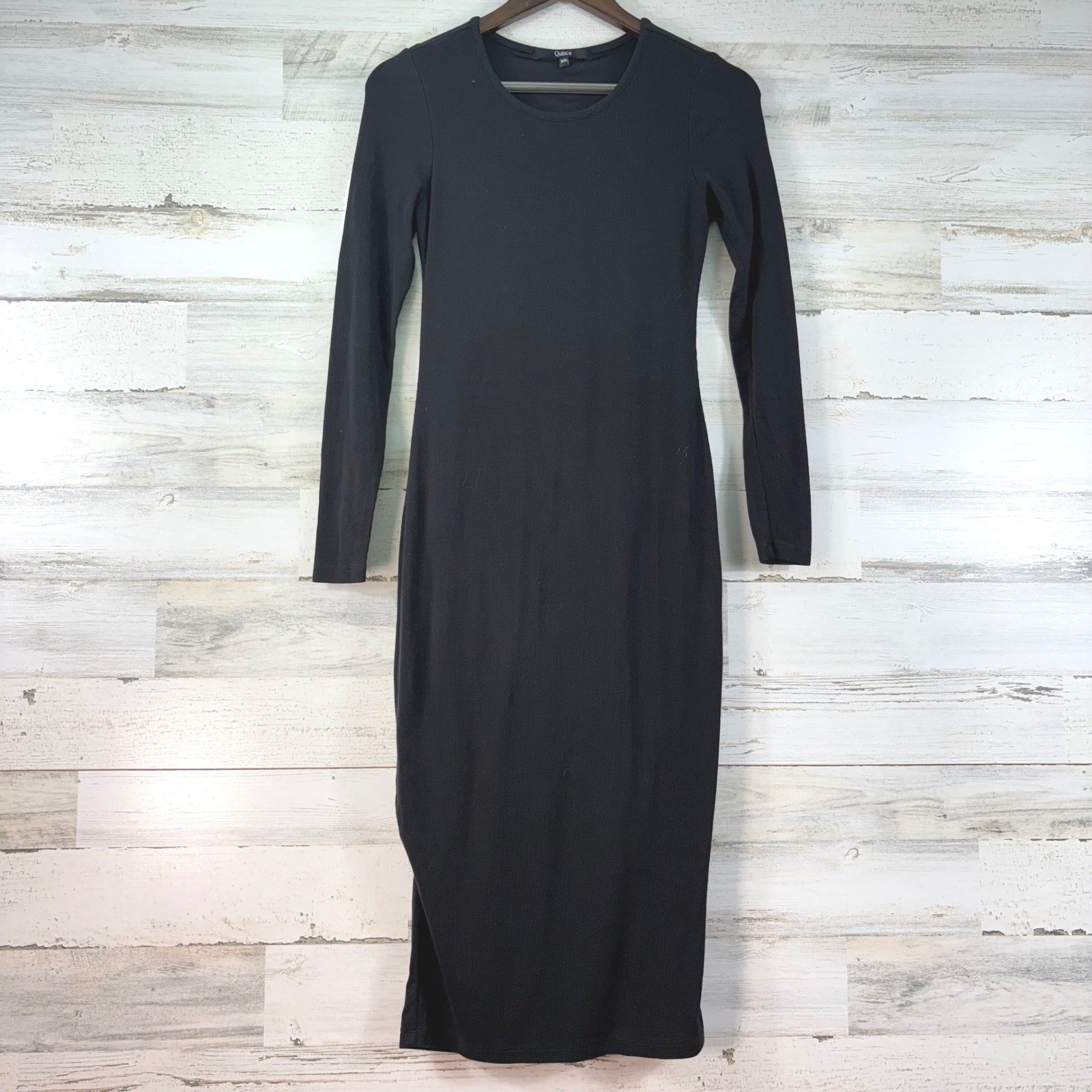 Quince Black Ribbed Minimalist Tencel Lyocell Long Sleeve Midi Bodycon Dress XS