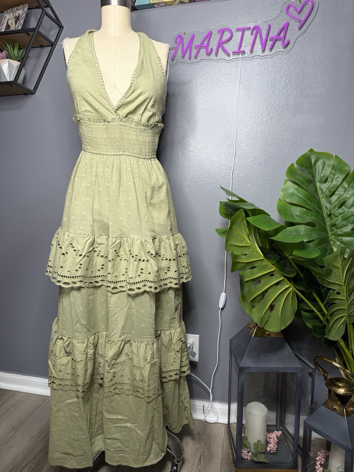 Cotton Halter Tiered Maxi Dress with Eyelet Lace Trim and Ruffles Size L