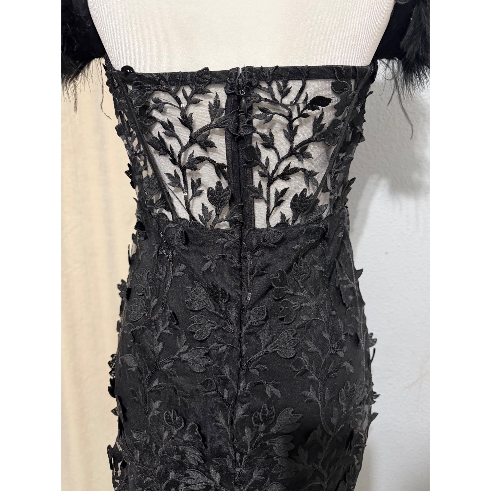 Goth Corset Mini Dress XL Black Sequin Embroidered Feather Off-the-Shoulder Glam