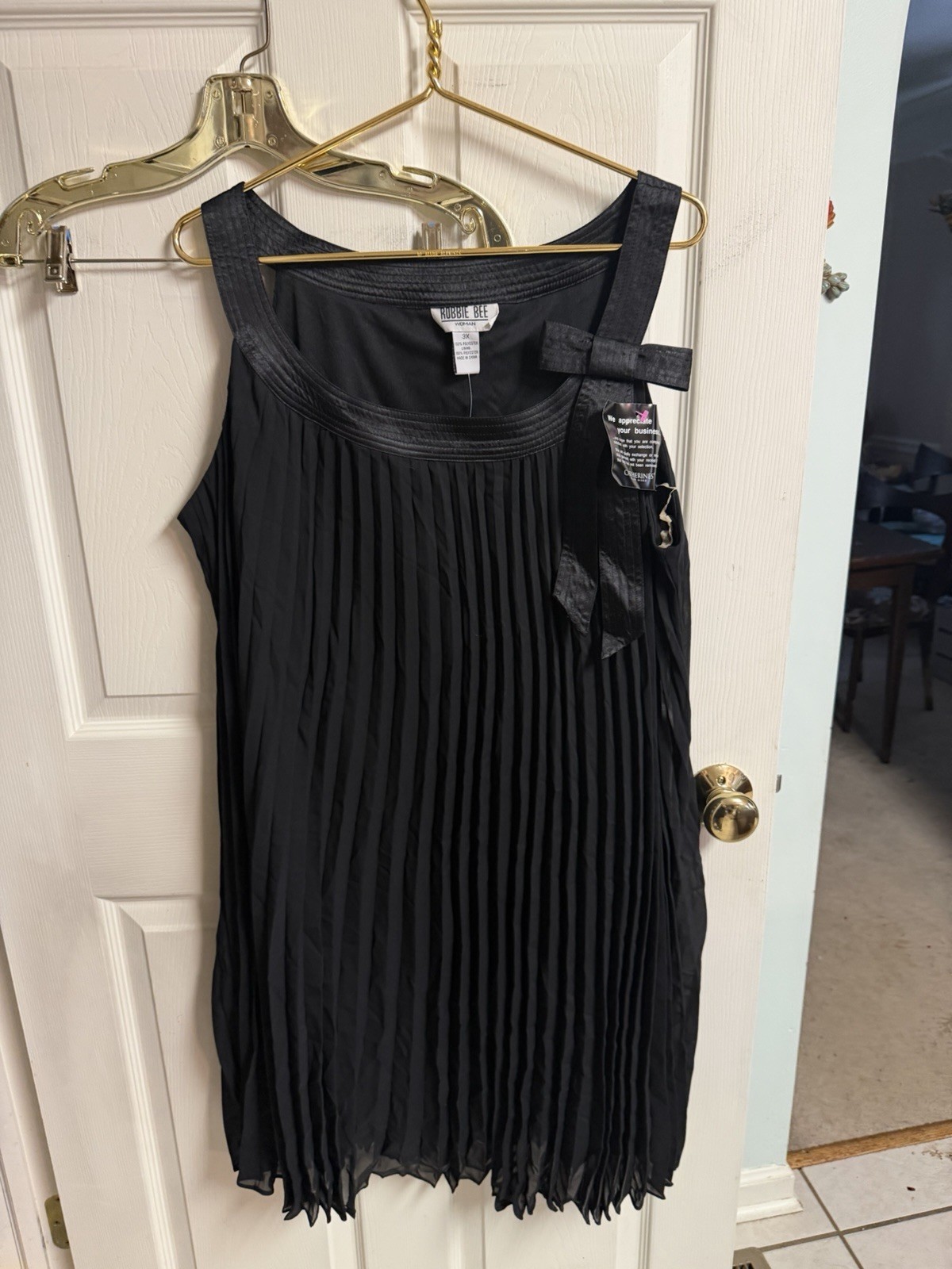 Signature Robbie Bee Black Pleated Flowy Cocktail Dress w Bow Sz 3x Party GoGo