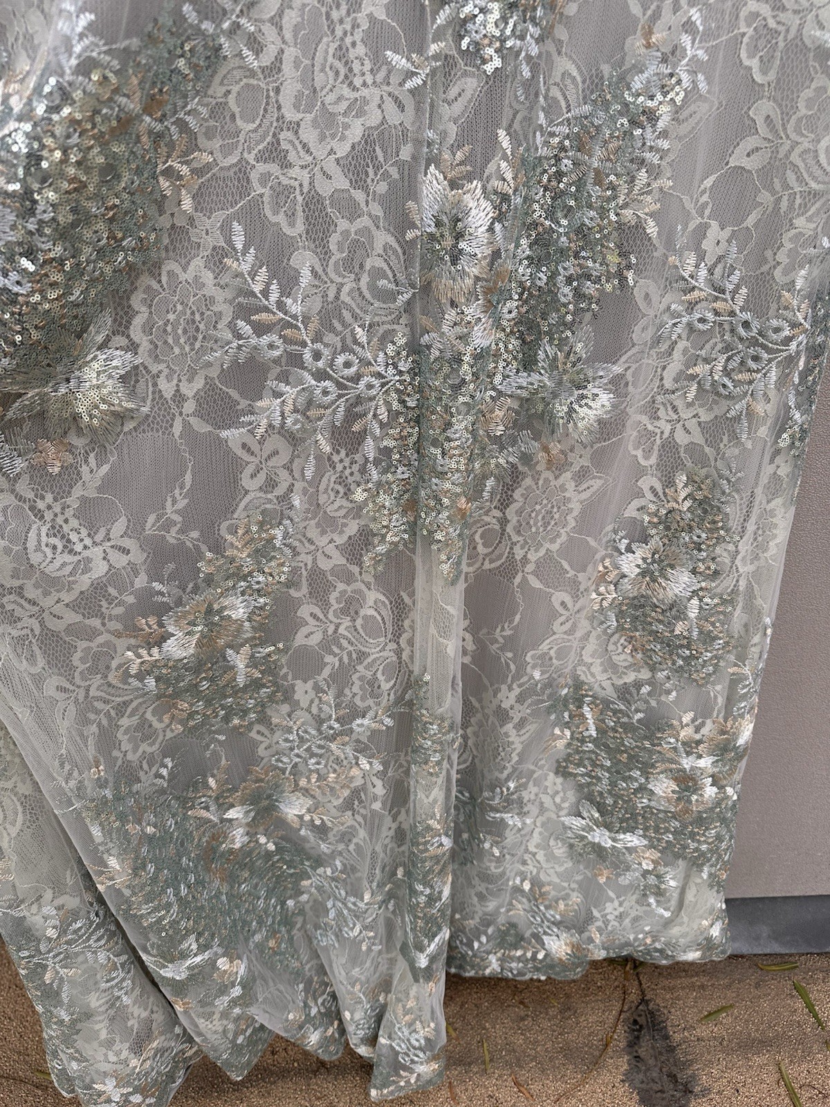 Mac Duggal Floral Embellished V-Neck Illusion Long Sleeve Gown 67539 Seamist 18