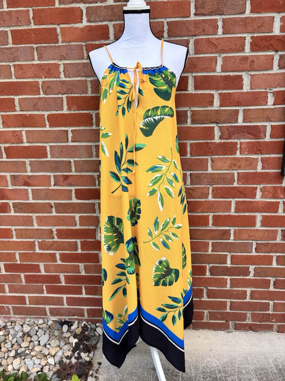 Jealous Tomato Boho Halter Neck Yellow Tropical Leaf Maxi Dress Womens Small