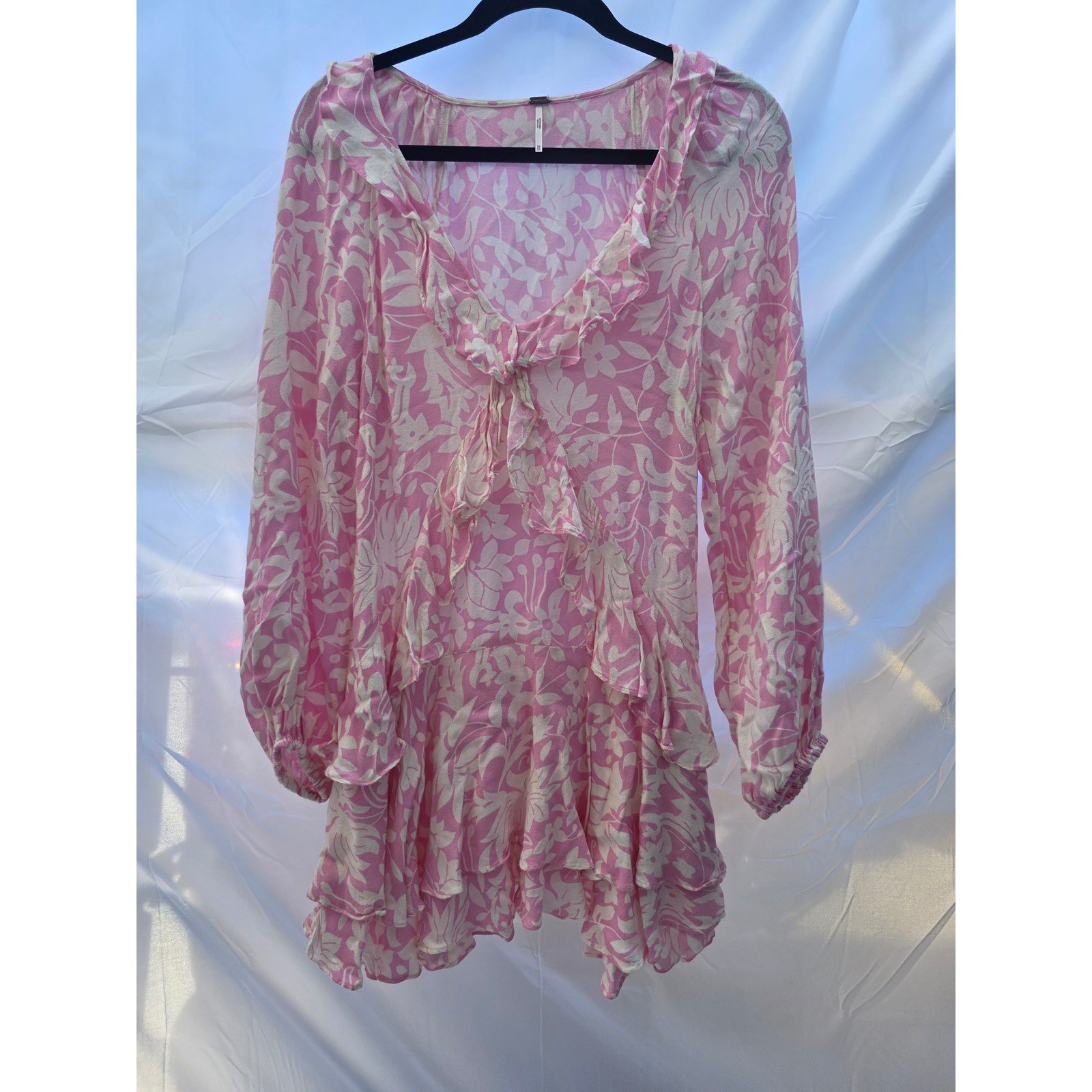 Free People Pink Floral Ruffle Tie Front Mini Dress Long Sleeve XS Boho