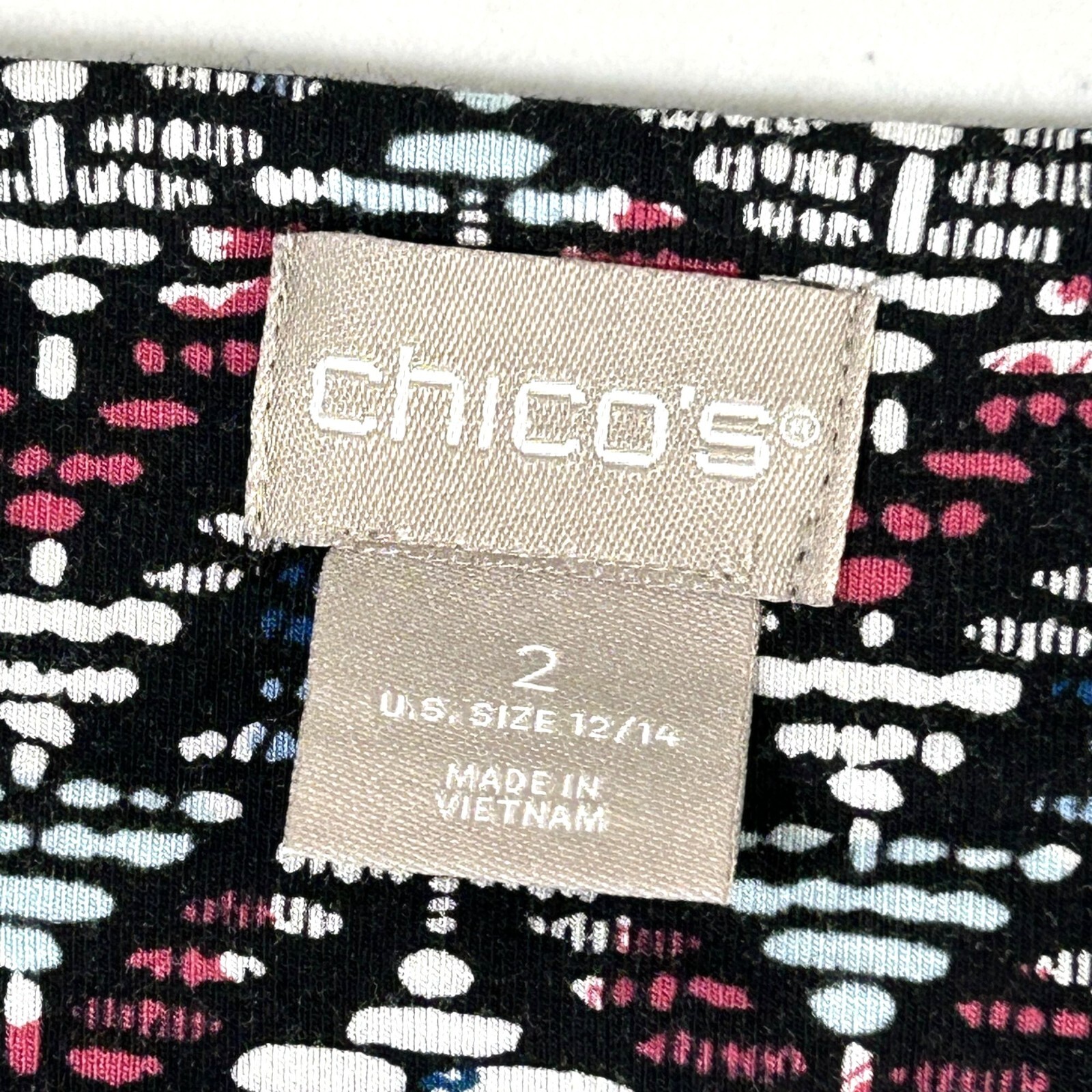Chicos Midi Dress Womens 2 US 12 14 Black Blue Chevron Bell 3/4 Split Sleeve
