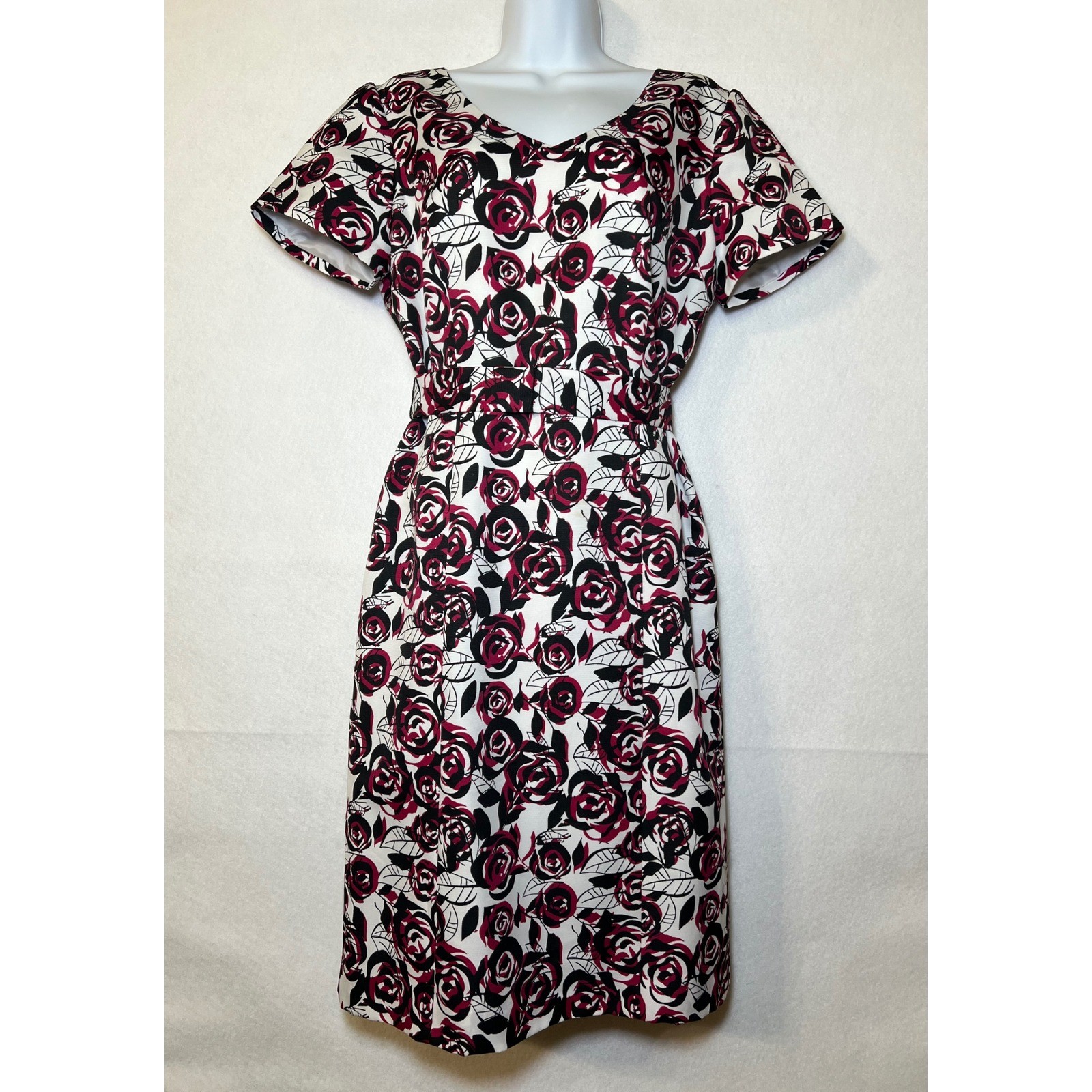 Preston & York Red Black White Rose Corporate Goth Retro 50s 60s Floral Dress 8