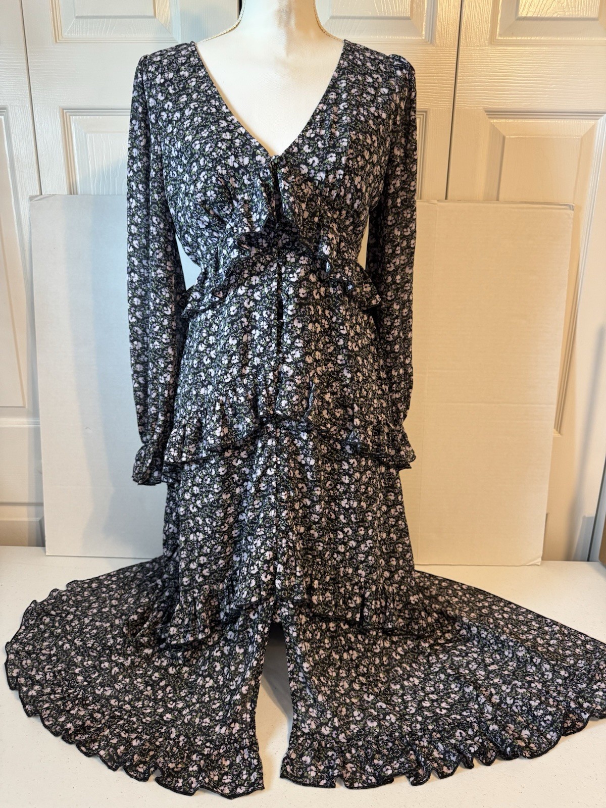 LUSH Women’s Black Lilac Dress Ankle Length Covered Buttons Flowy Small Lined