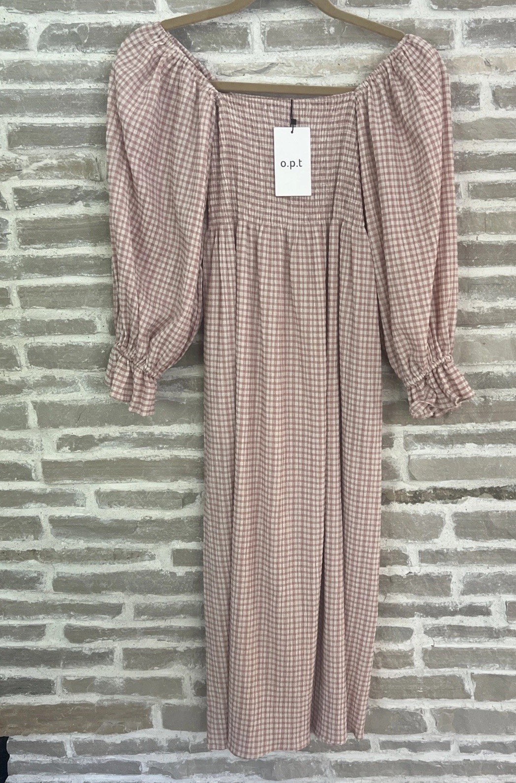 o.p.t. Athena Midi Dress, size XS gingham ballon sleeve smocked chest ,pockets