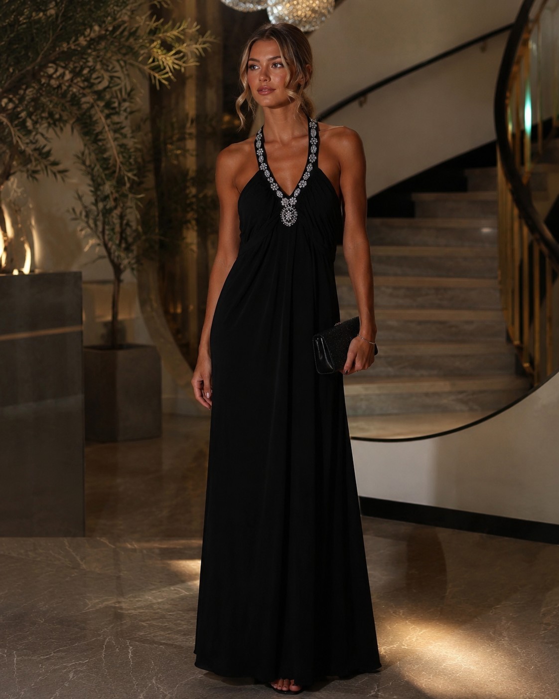Spense Black Halter Beaded Maxi Dress Rhinestone Formal Evening Size 6
