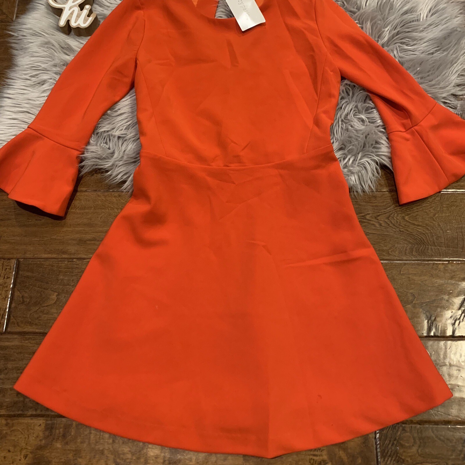 Lucy Paris Dress Red Orange Bell Sleeve Open Back Fit & Flare Size Small New
