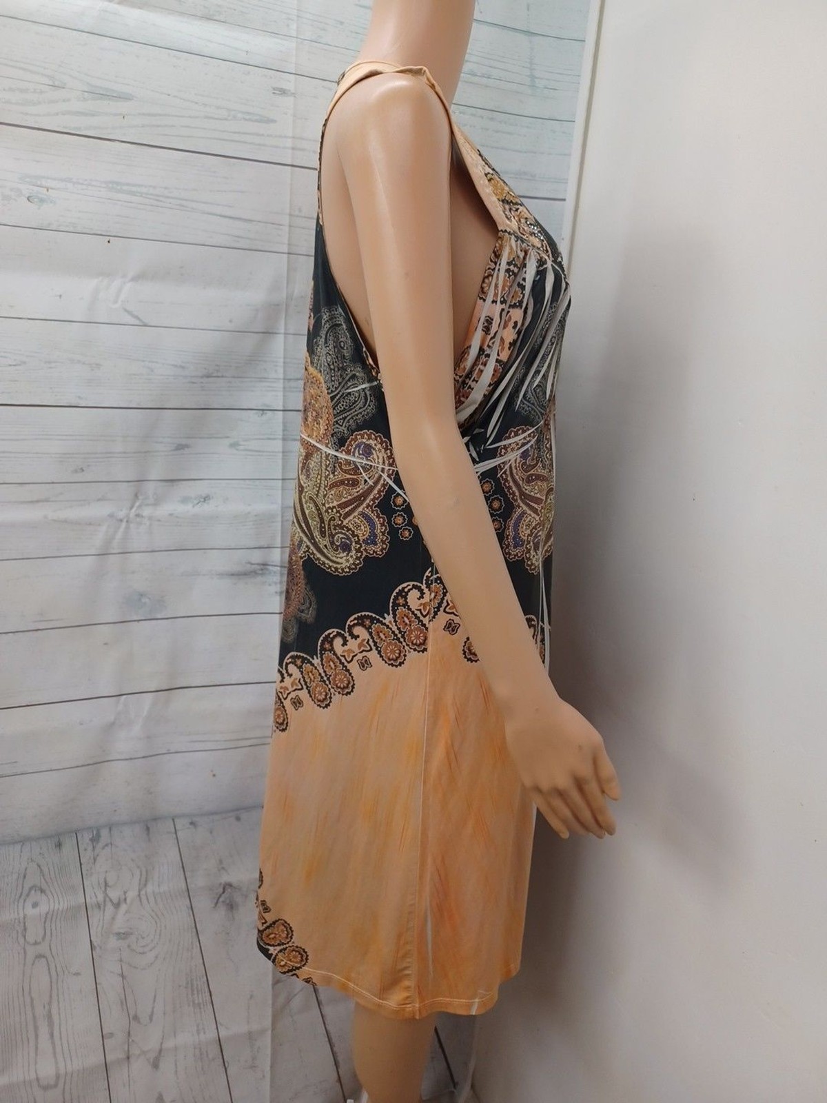 World Unity Boho Dress XL Beaded Print Festival Summer Brown Beige