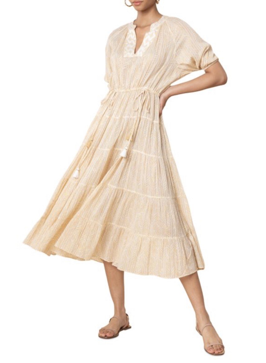 Shoshanna Ladies White & Gold Metallic Tiered Midi Dress, Size Small