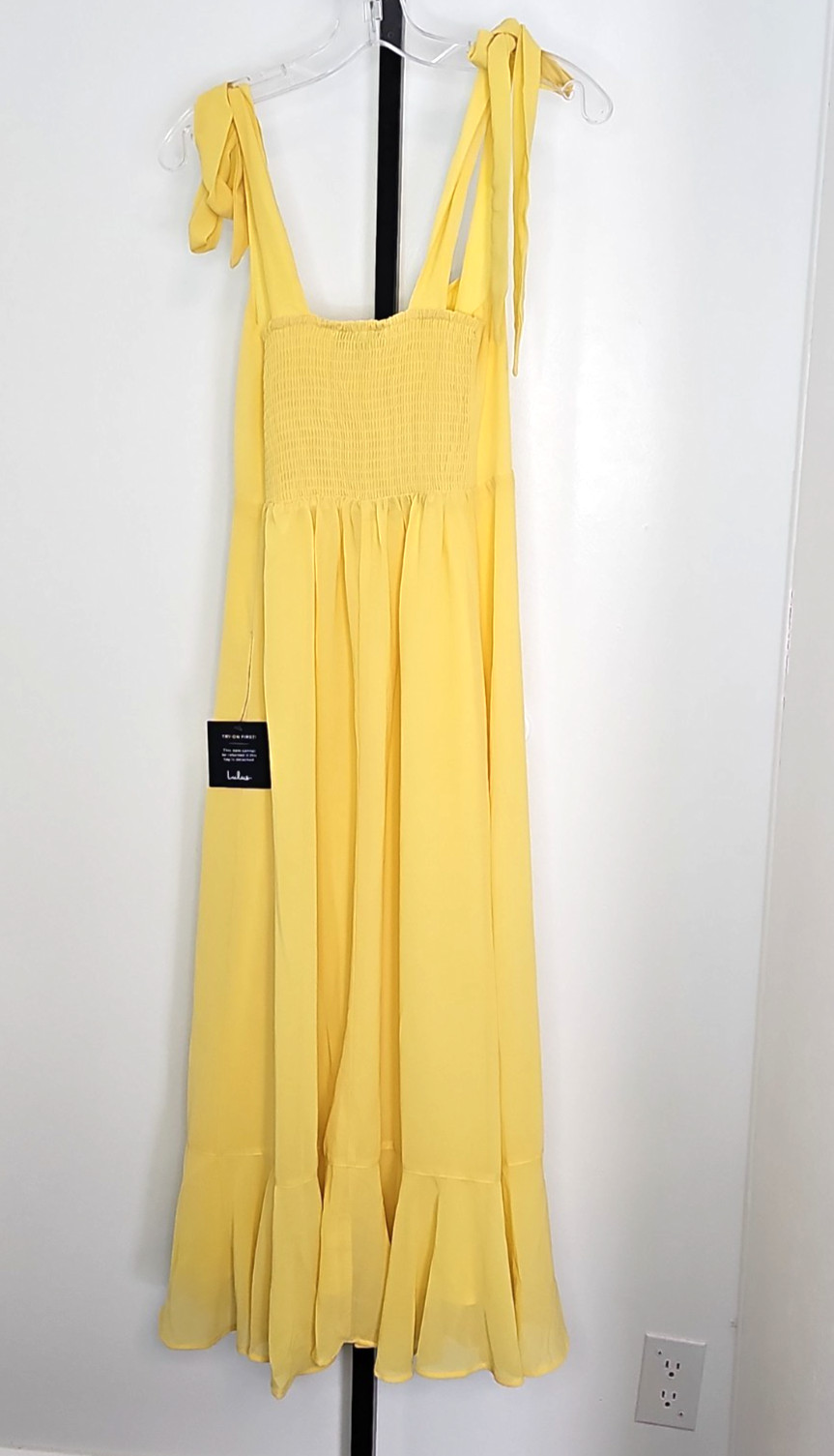 NWT Lulus Summer Invite Yellow Tie Strap Tiered Midi Dress Women’s Small sundres