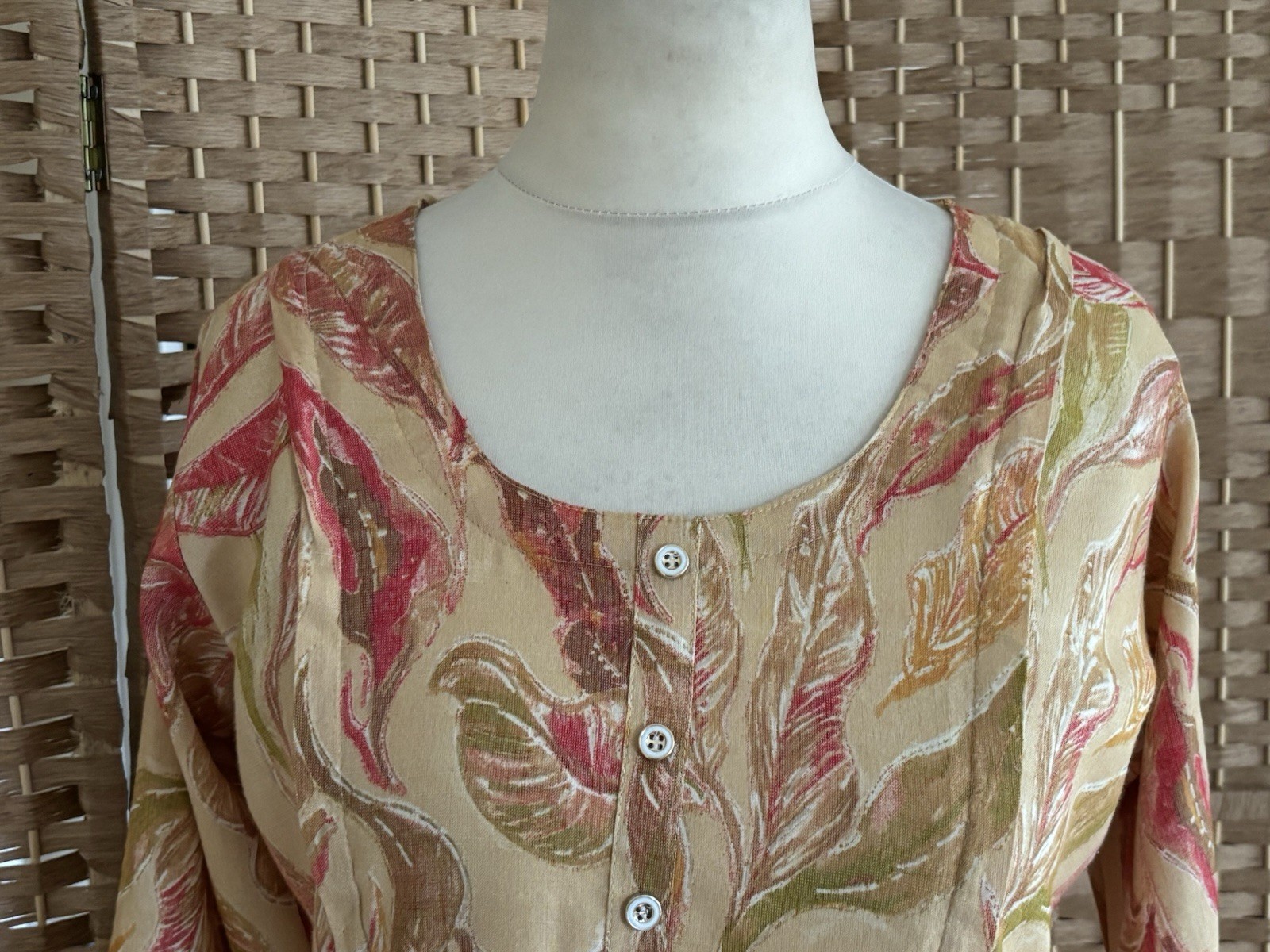 HOOH Pink Tan FOLIAGE Print BUTTON Tie Back NURSING Dress 12 14 L42” ARTY Zips