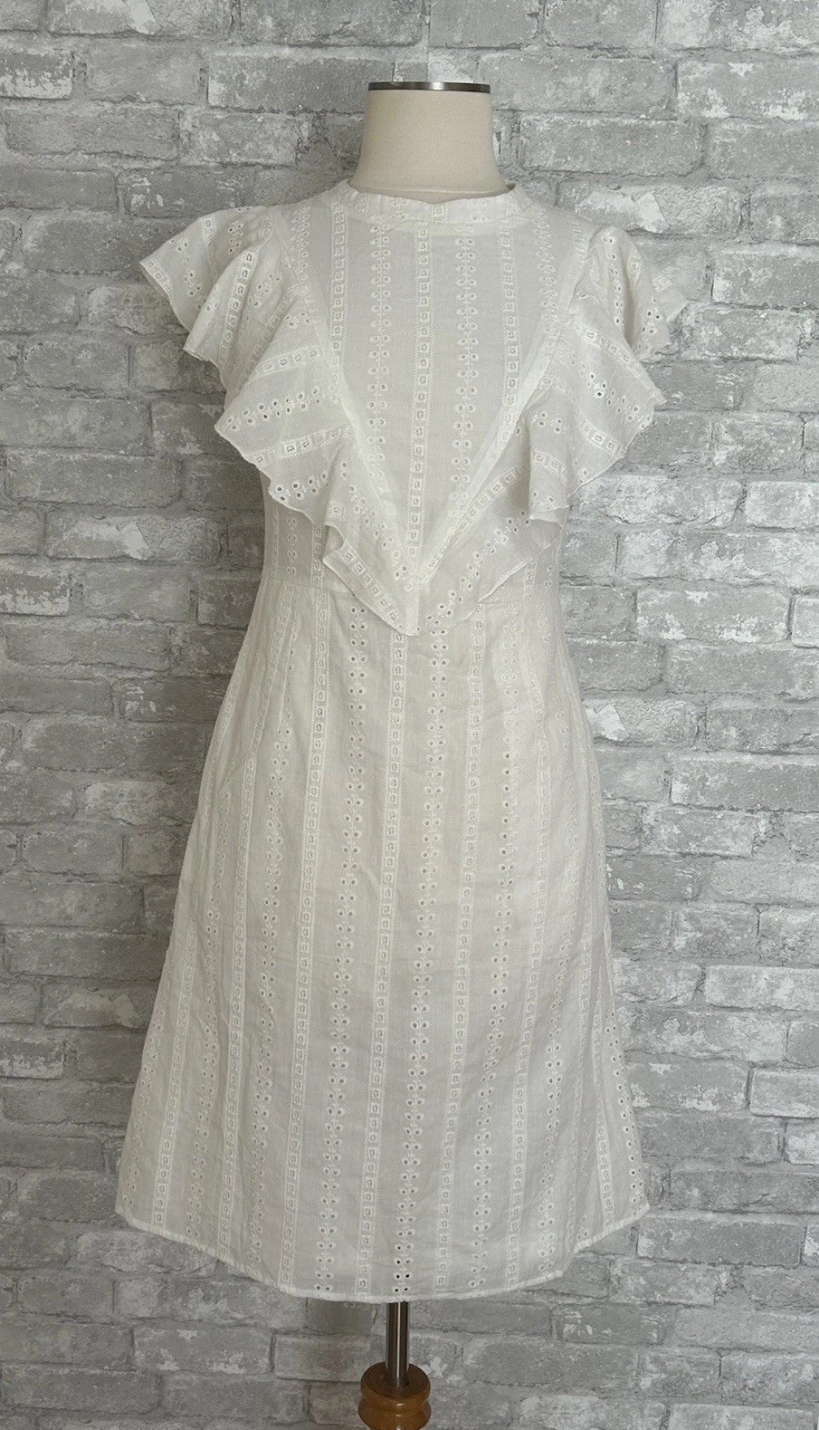 Roolee Mom Dress NWT S White Eyelet Sleeveless Ruffle Trim Side Pockets Back Zip