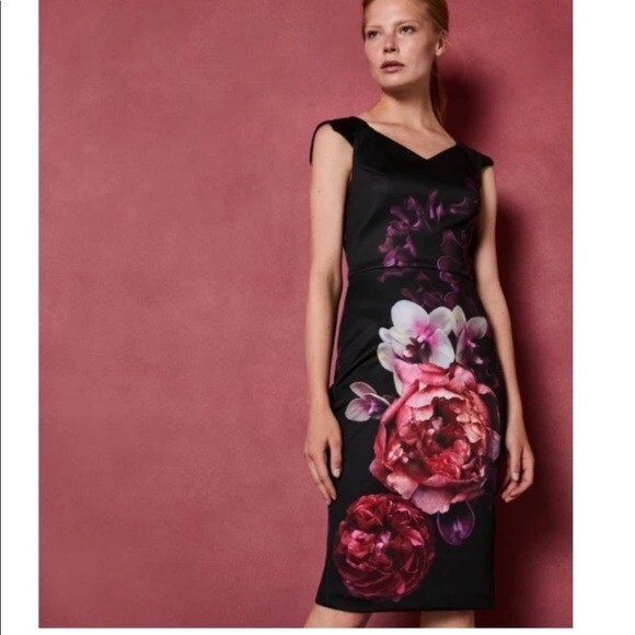 Ted Baker Dress Semanj Splendour Floral Sheath Midi Sleeveless Size 1 US 2 4