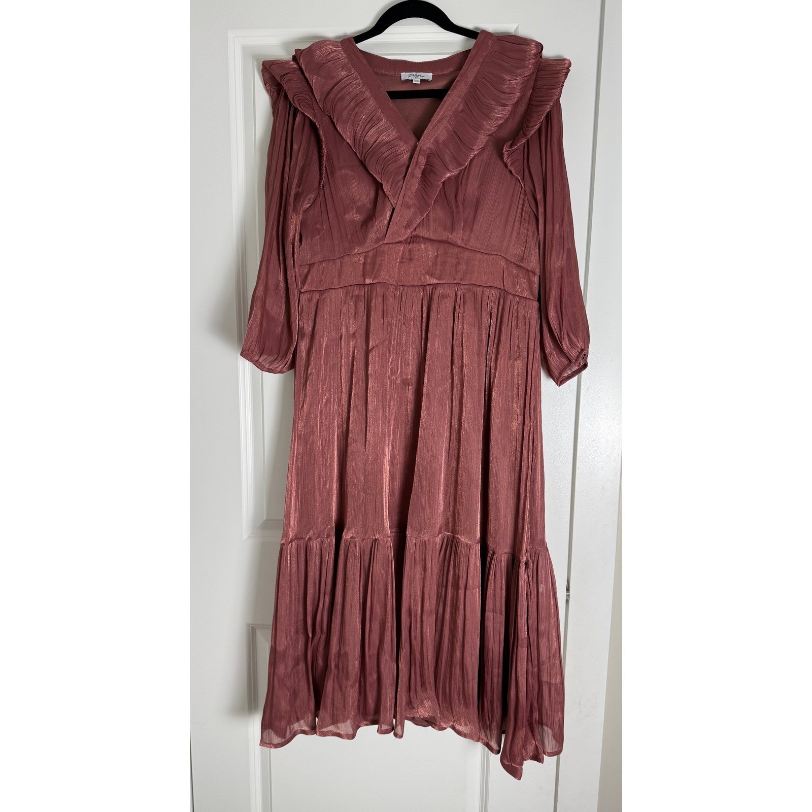 Polagram Mauve Rose Pleated Metallic Ruffle Midi Dress 2XL Long Sleeve Smocked