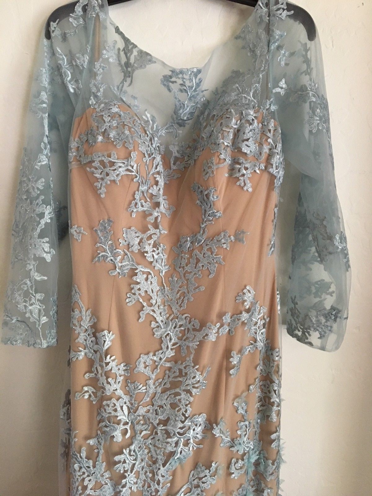 TERANI COUTURE Blue Nude Beaded Lace Long Sleeve Mermaid Gown 16 = XL 1711GL3530