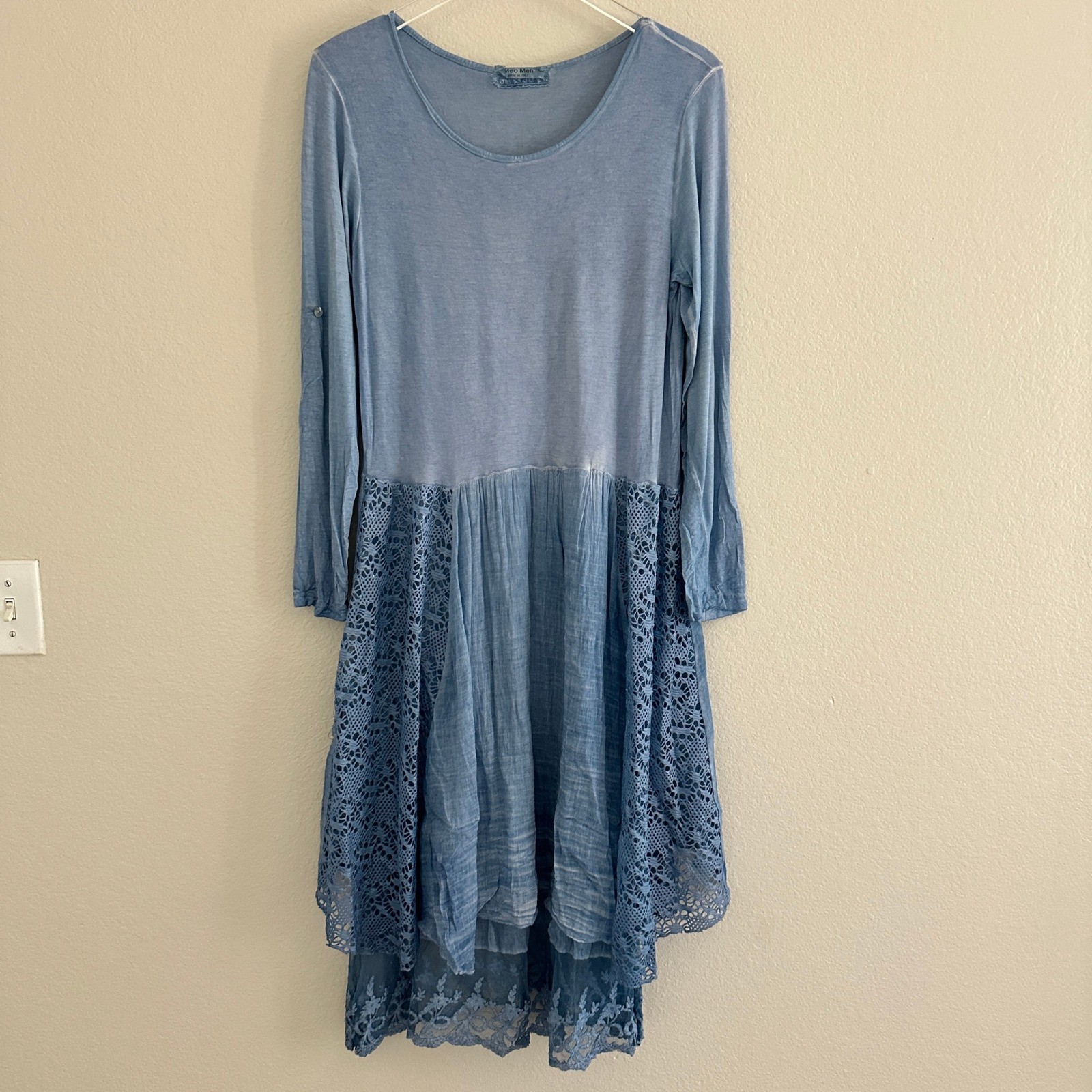 Meo Meli Dress Women S? Blue Boho Lagenlook Lace High Low Made in Italy Long Sl