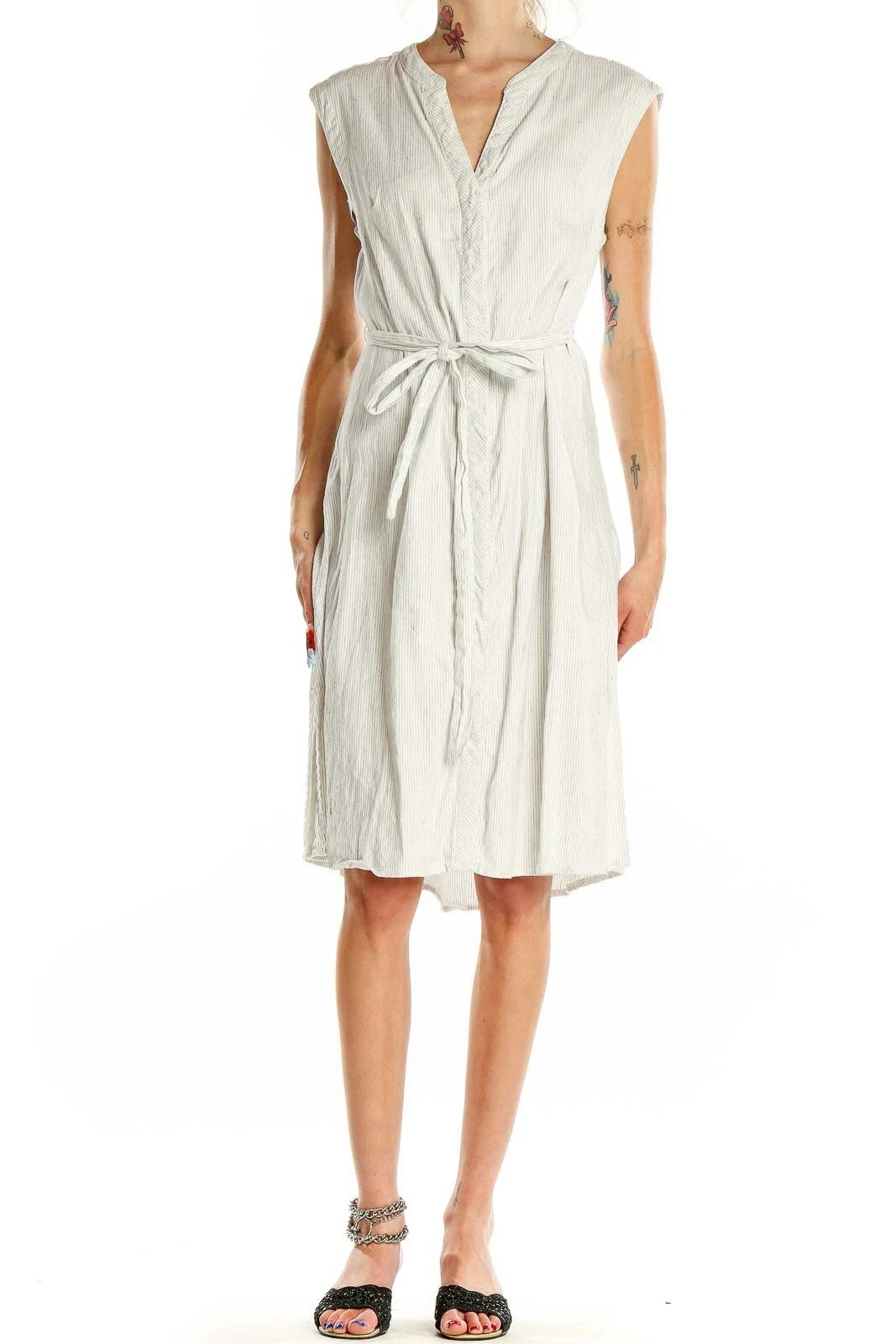New Tahari Stretch Linen Blend White Black Pinstripe Button Dress Lagenlook 10
