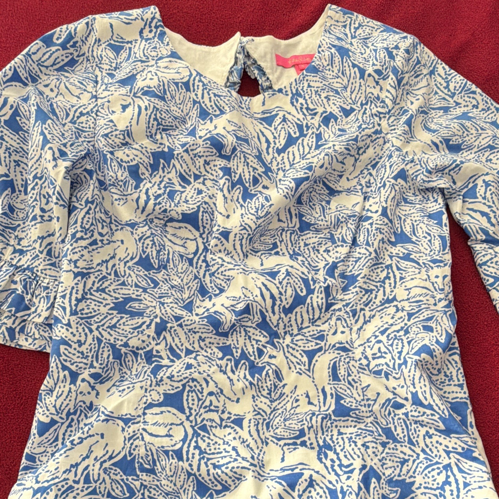 Lilly Pulitzer Blue White Floral Keyhole Ruffle Bell Sleeve Short Dress 6