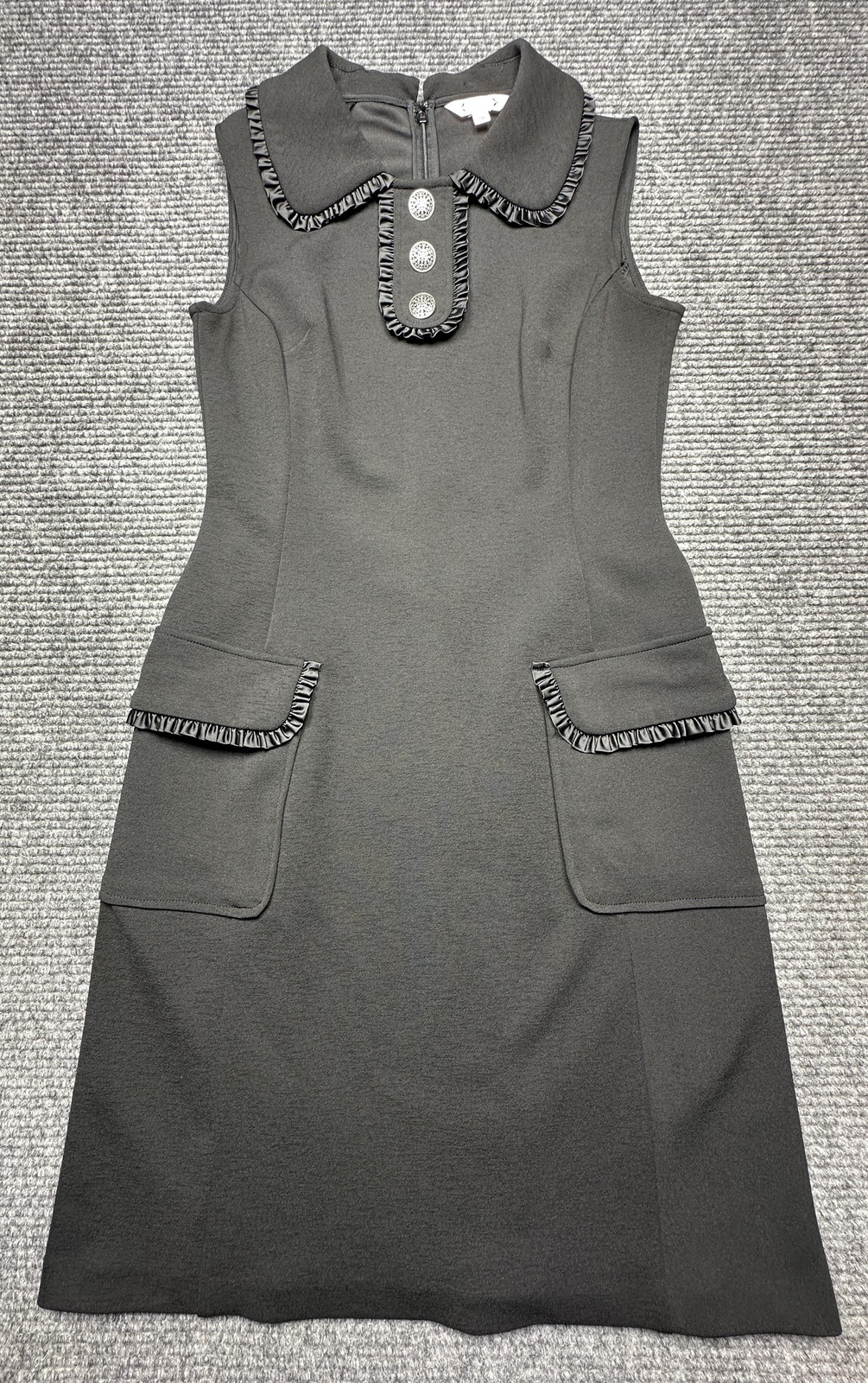 Nanette Lepore Dress Womens 4 Black Collared Knit Sheath Pockets Ruffle Trim