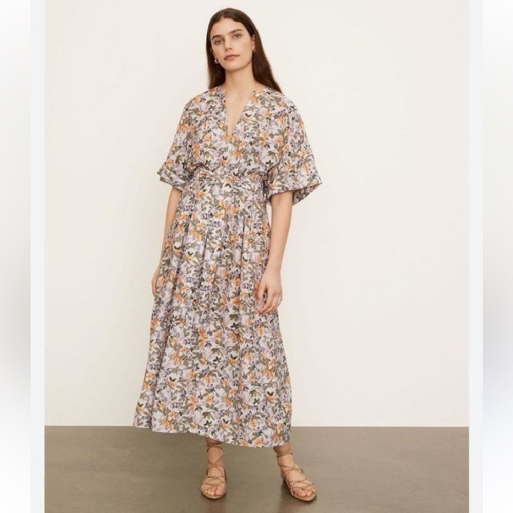 Vince Wisteria Vine Cuffed Short Sleeve V-Neck‎ Dress
