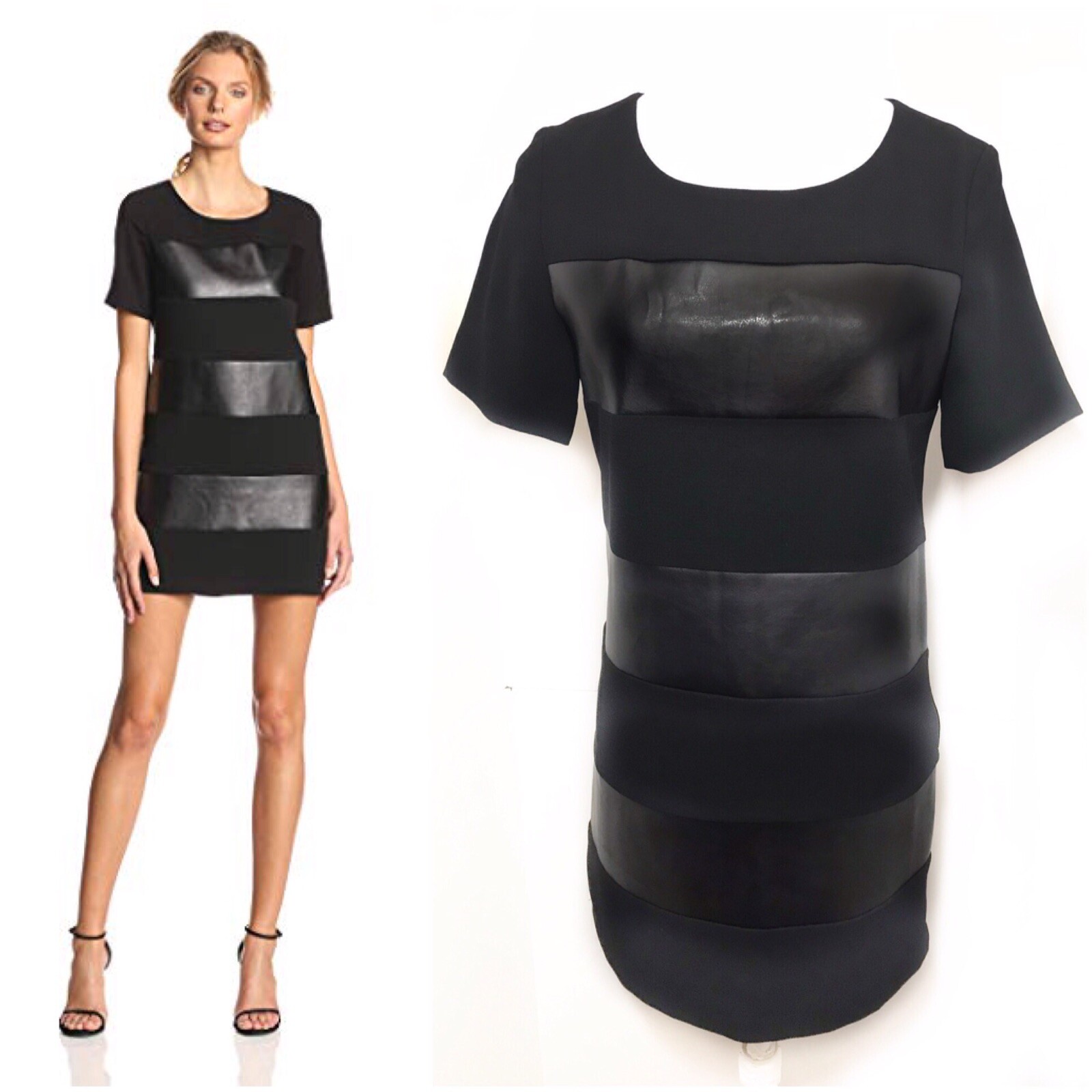 Mcginn XS Black Shift Dress Faux Lether Stripe Short Sleeve $278