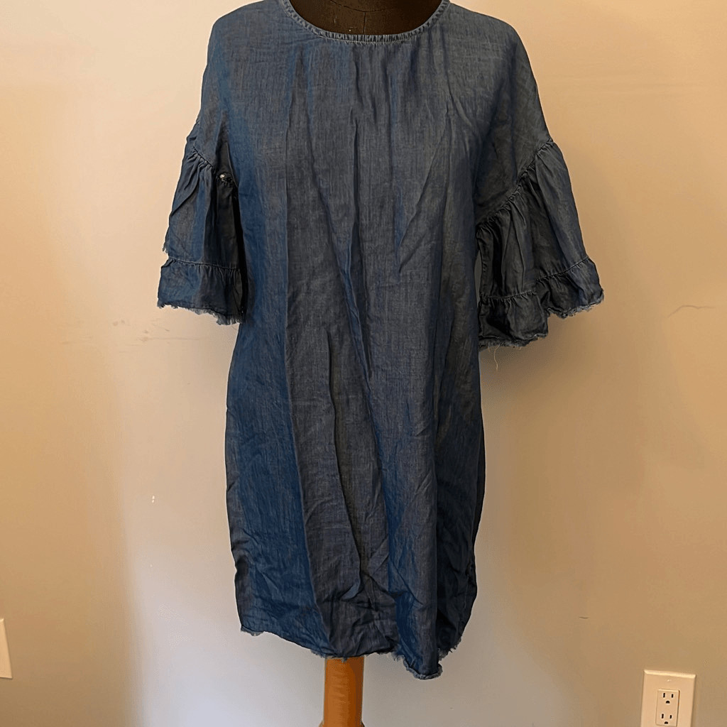 Style Envy Women’s Blue Chambray Ruffle Sleeve Frayed Shift Dress