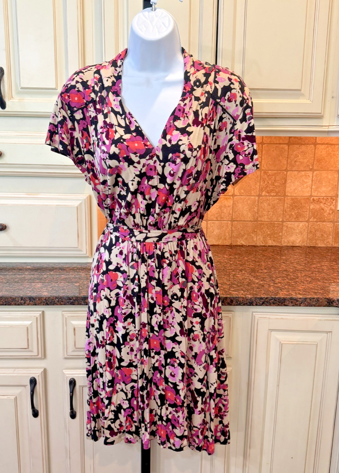 ELLE Womens Medium Black Pink Purple Floral Faux Wrap Belted Knee Dress