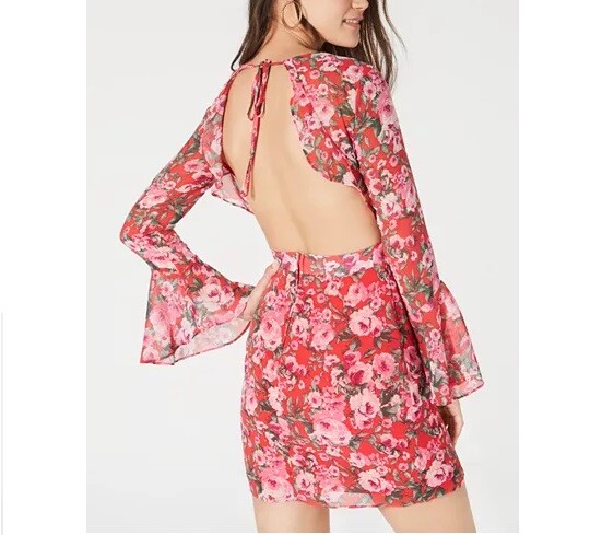 B Darlin Junior Womens 3/4 Red Pink Green Floral Open Back Bodycon Dress NWT