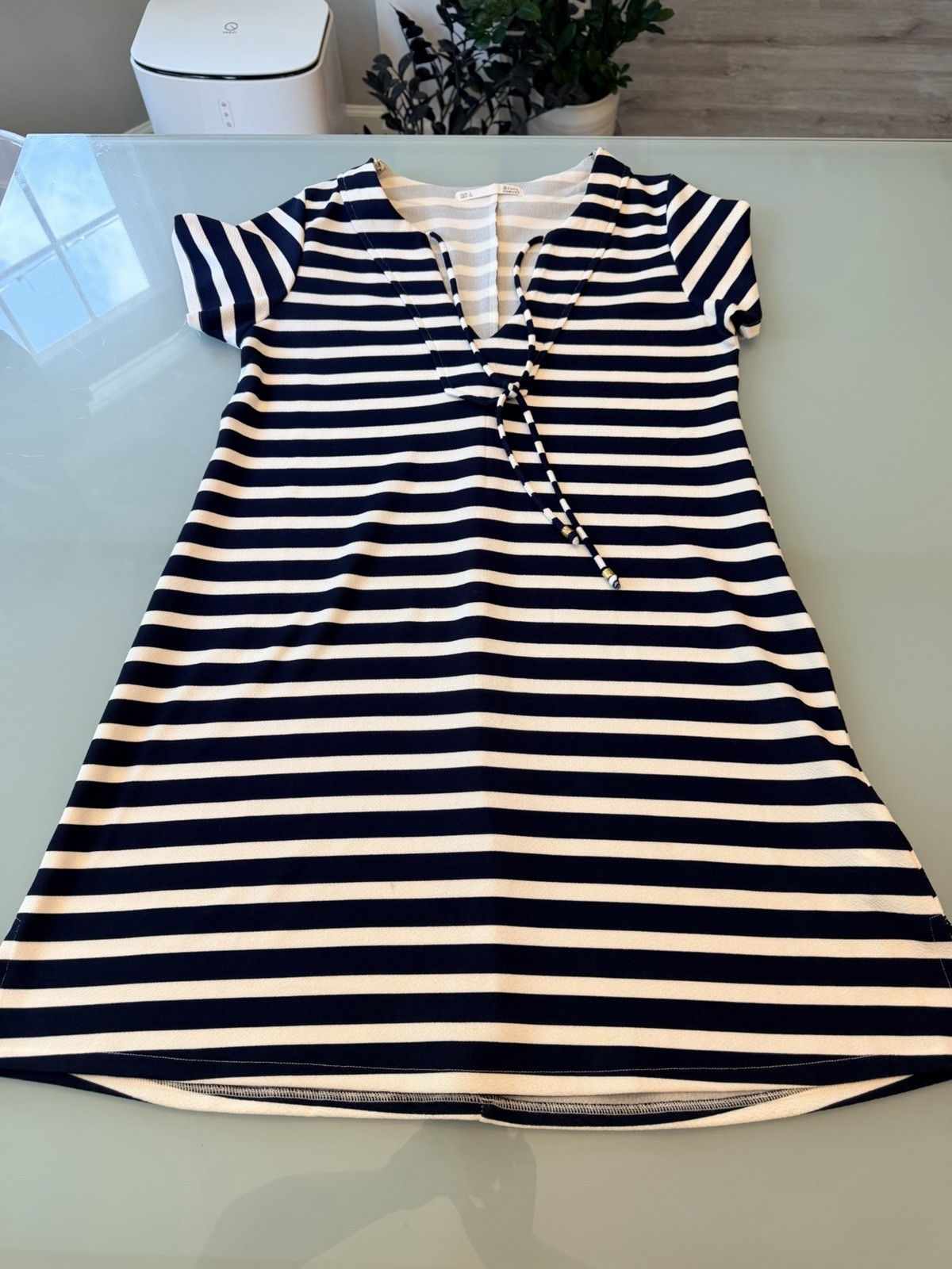 Sfera Casual Navy White Striped T-Shirt Dress V-Neck Tie Mini [S] Boho