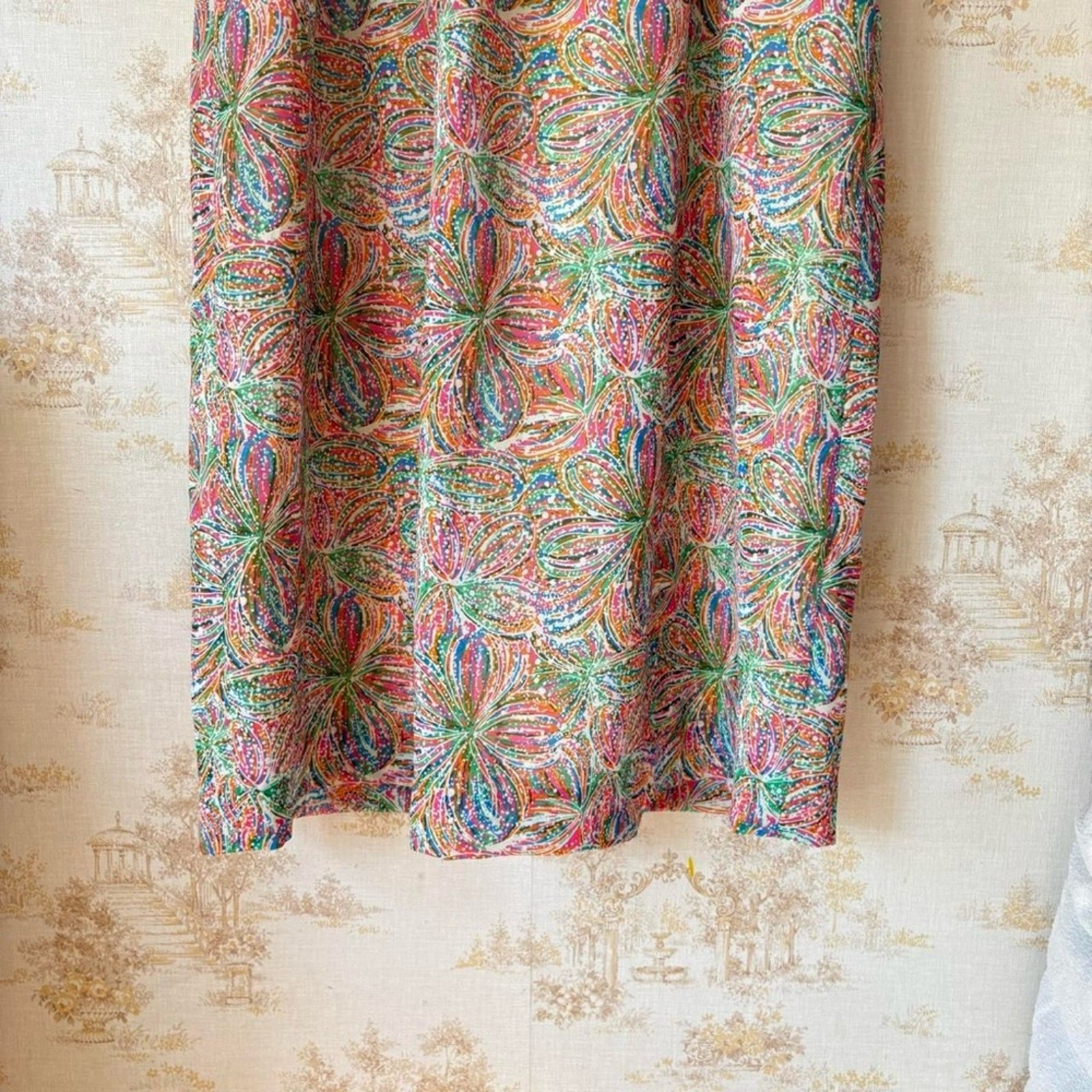 Vintage 50s 60s rainbow floral print short sleeve square neck midi party dress