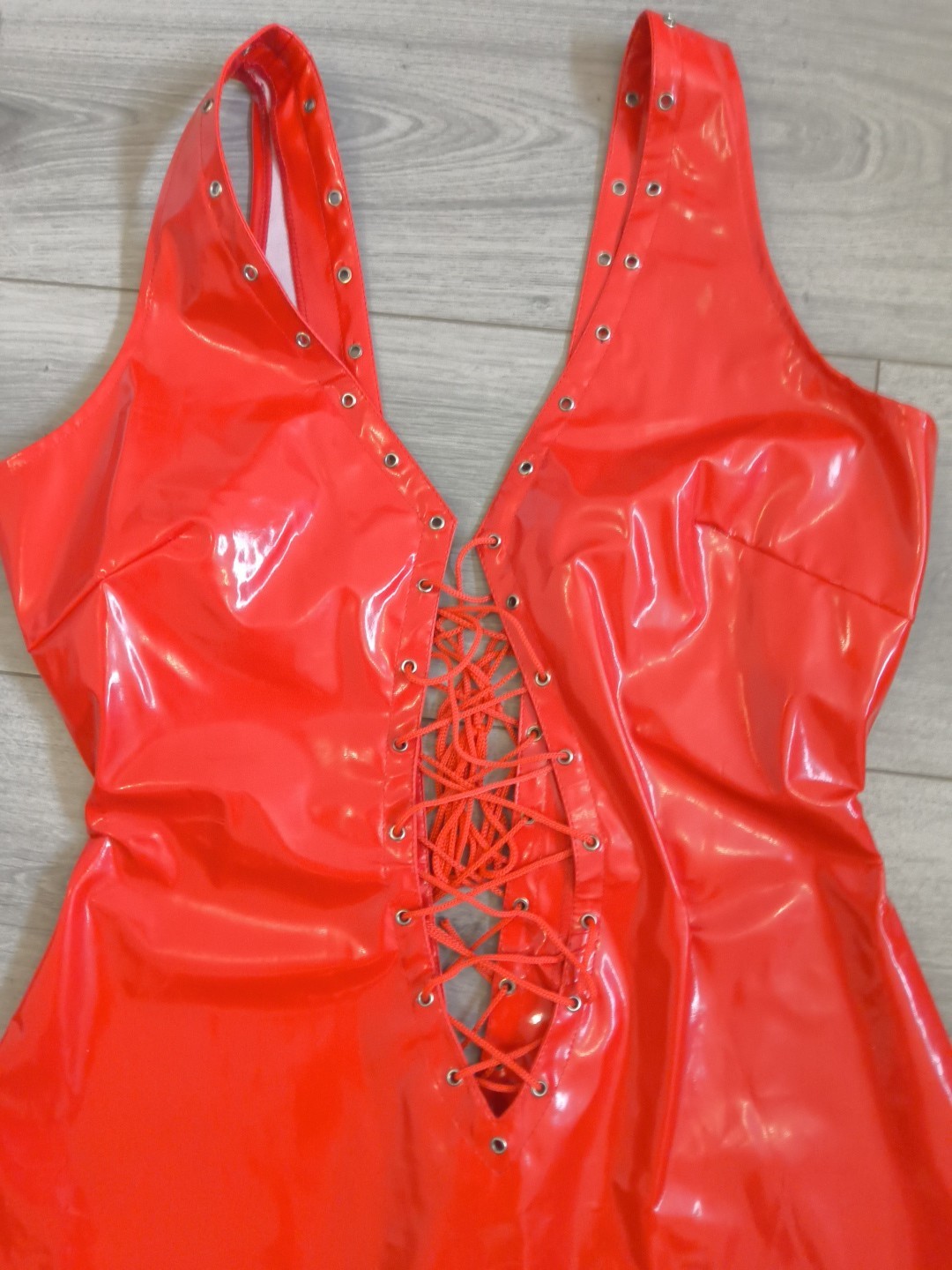 BNWOT Bright Red PVC Plunge Neck Lace Up Front & Back Bodycon Dress Size 10-14